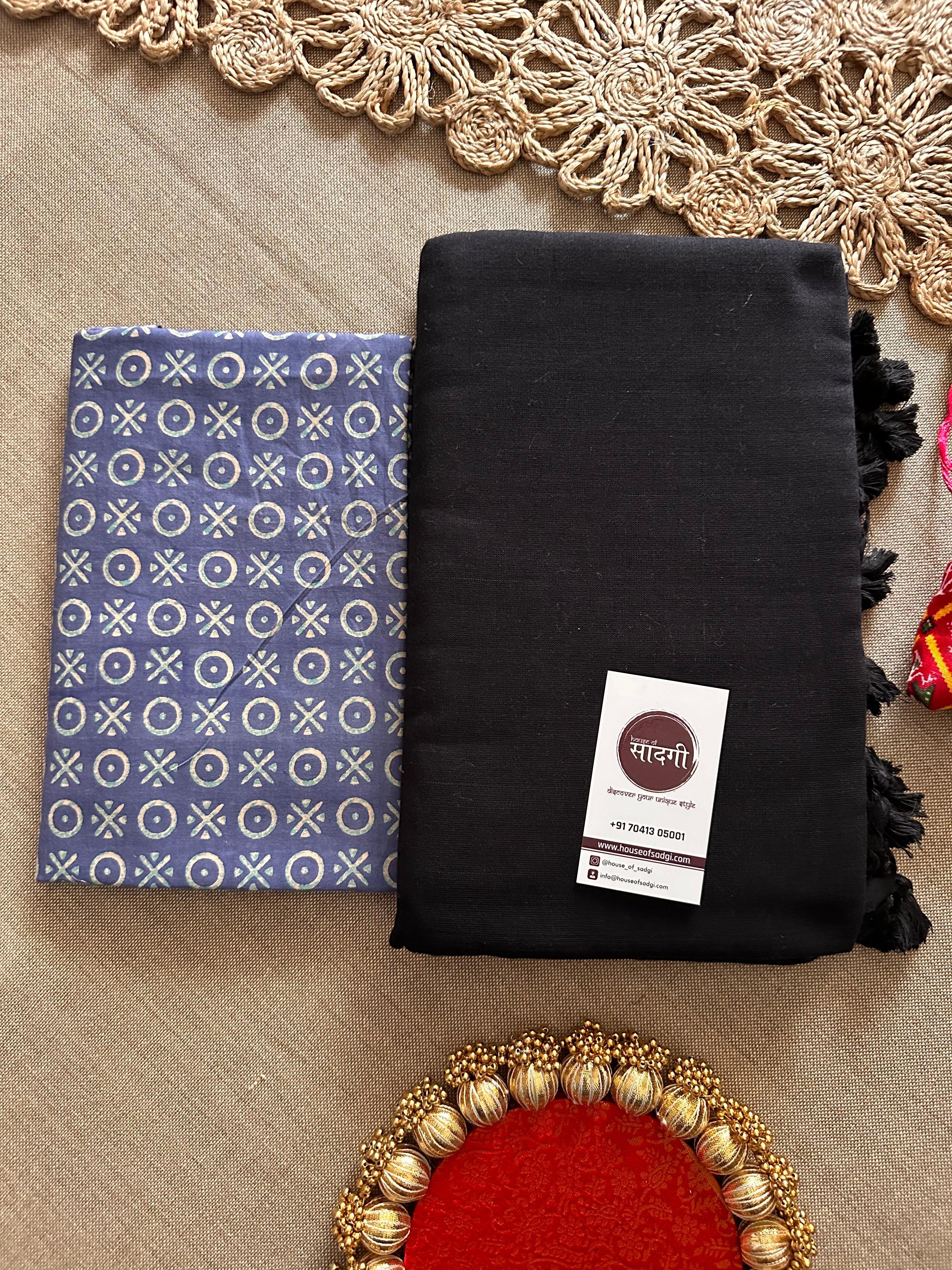 Black Handloom Khadi Cotton Saree With Blue Printed Blouse - House Of Sadgi