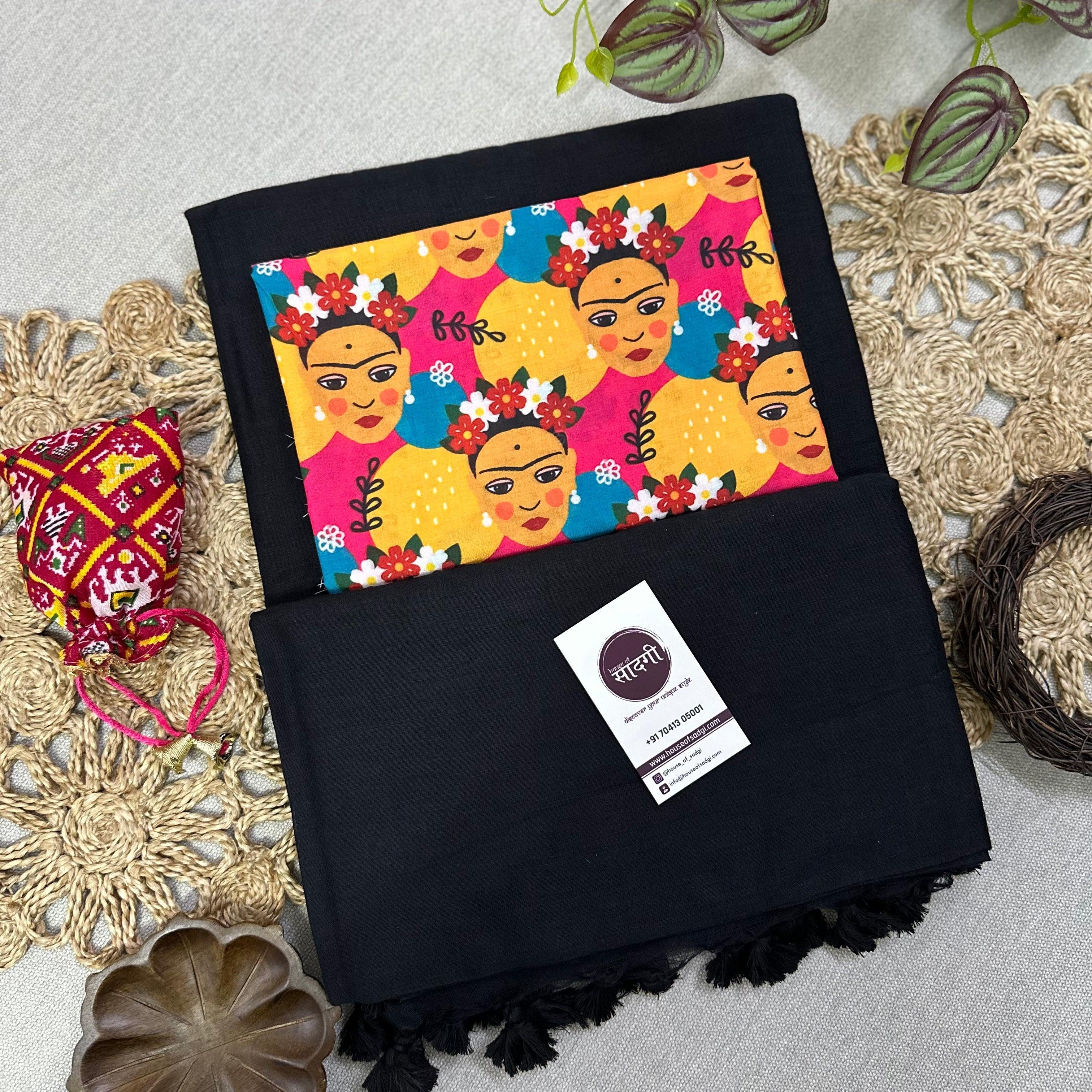 Black Handloom Khadi Cotton Saree With Designer Printed Blouse - House Of Sadgi