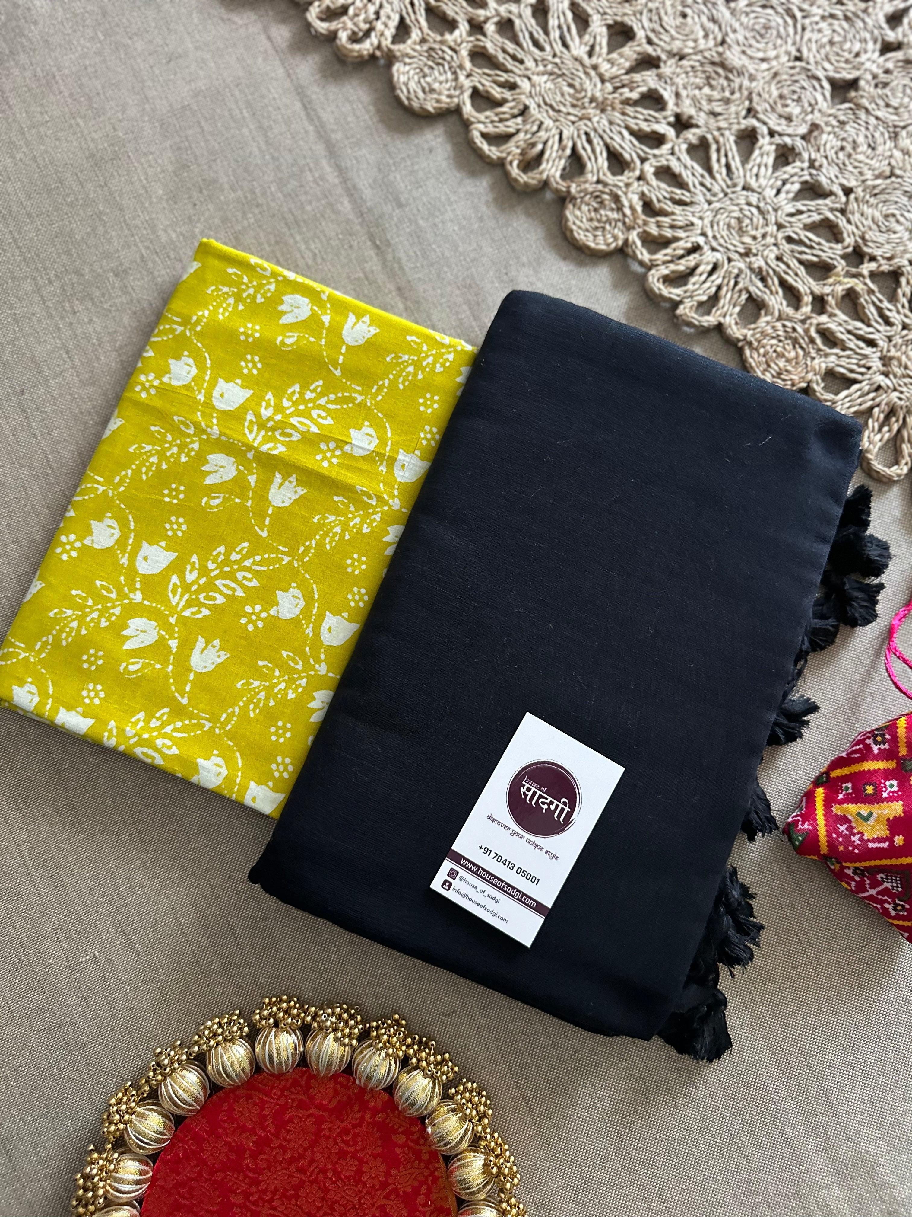 Black Handloom Khadi Cotton Saree With Floral Print Blouse - House Of Sadgi