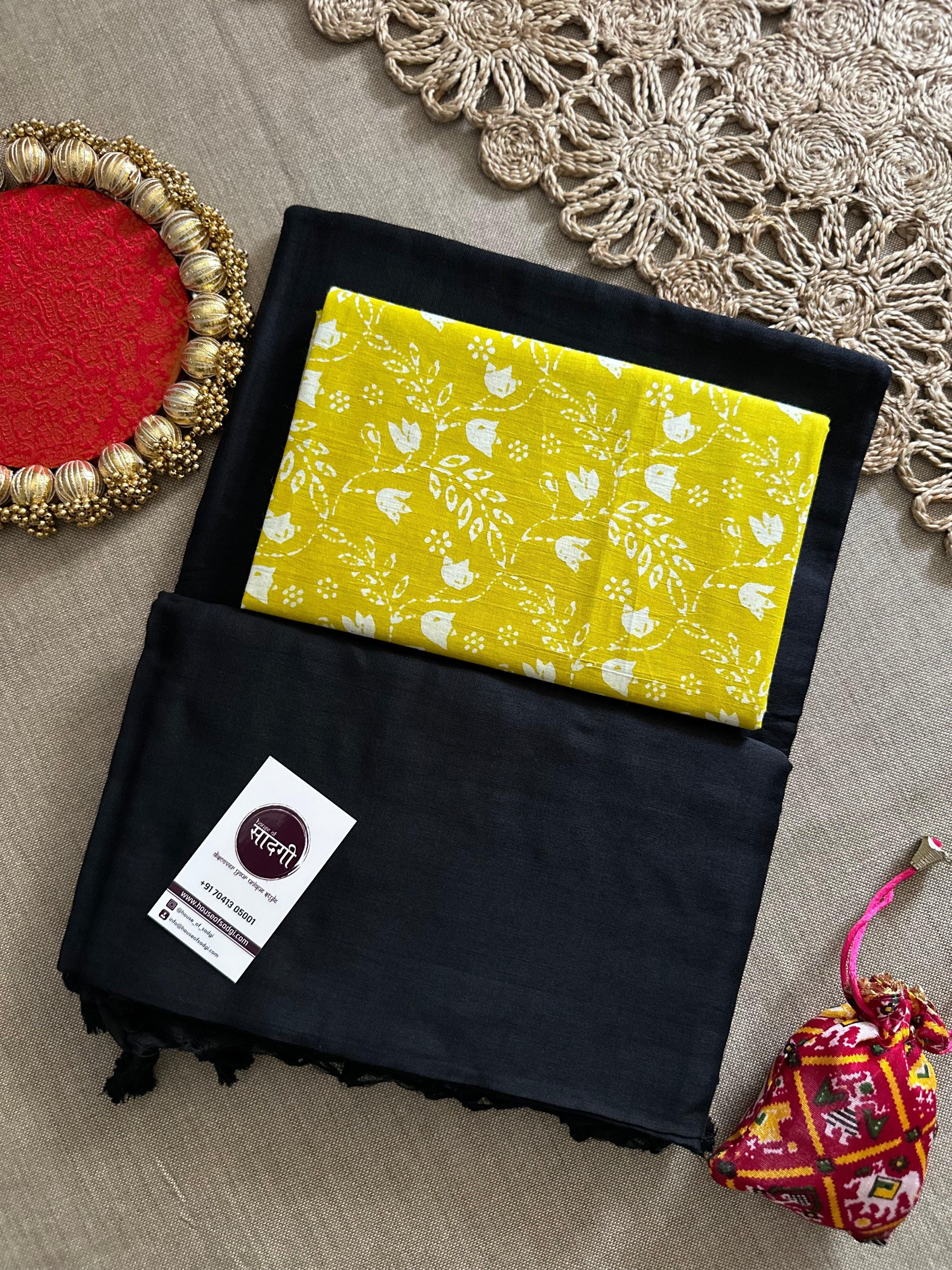 Black Handloom Khadi Cotton Saree With Floral Print Blouse - House Of Sadgi