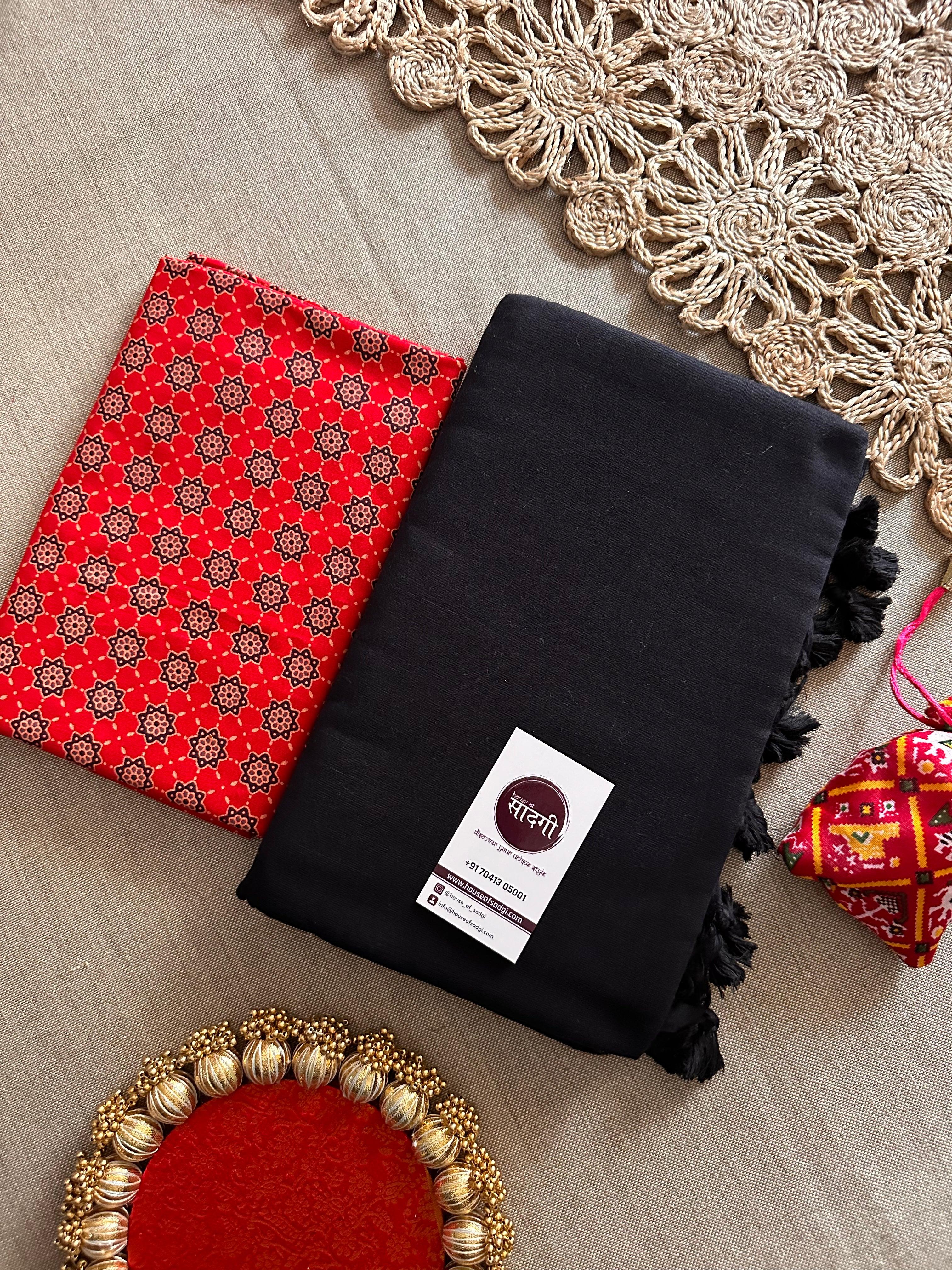 Black Handloom Khadi Cotton Saree With Geometric Print Blouse - House Of Sadgi