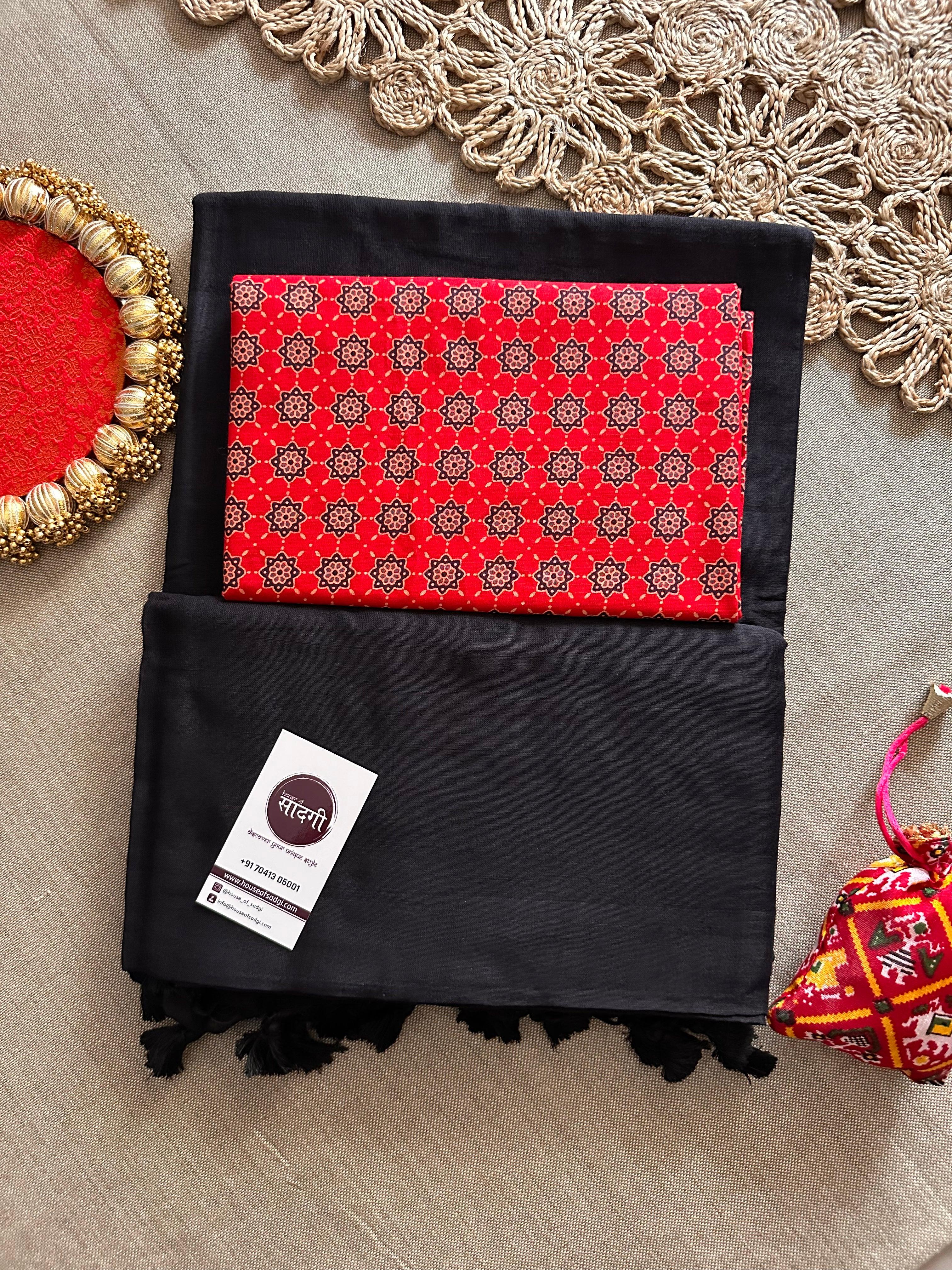 Black Handloom Khadi Cotton Saree With Geometric Print Blouse - House Of Sadgi