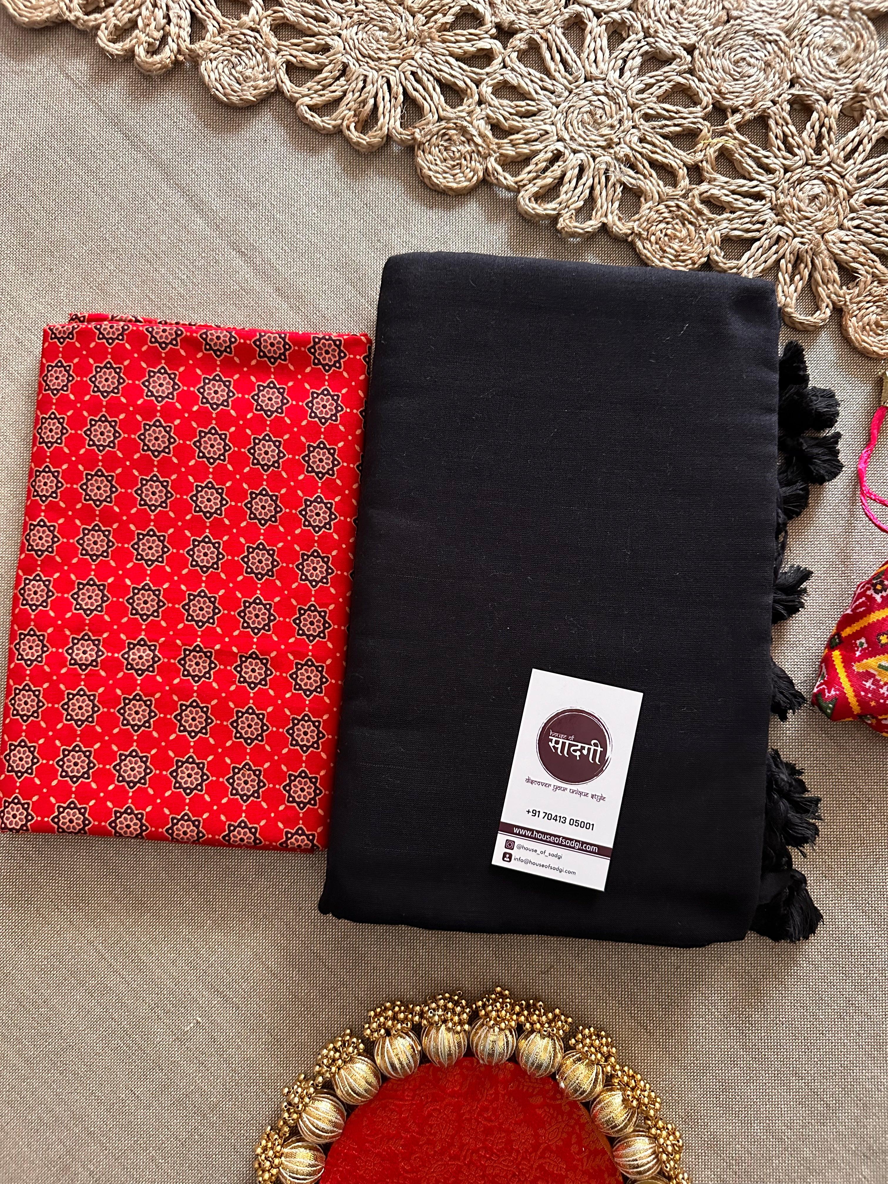 Black Handloom Khadi Cotton Saree With Geometric Print Blouse - House Of Sadgi