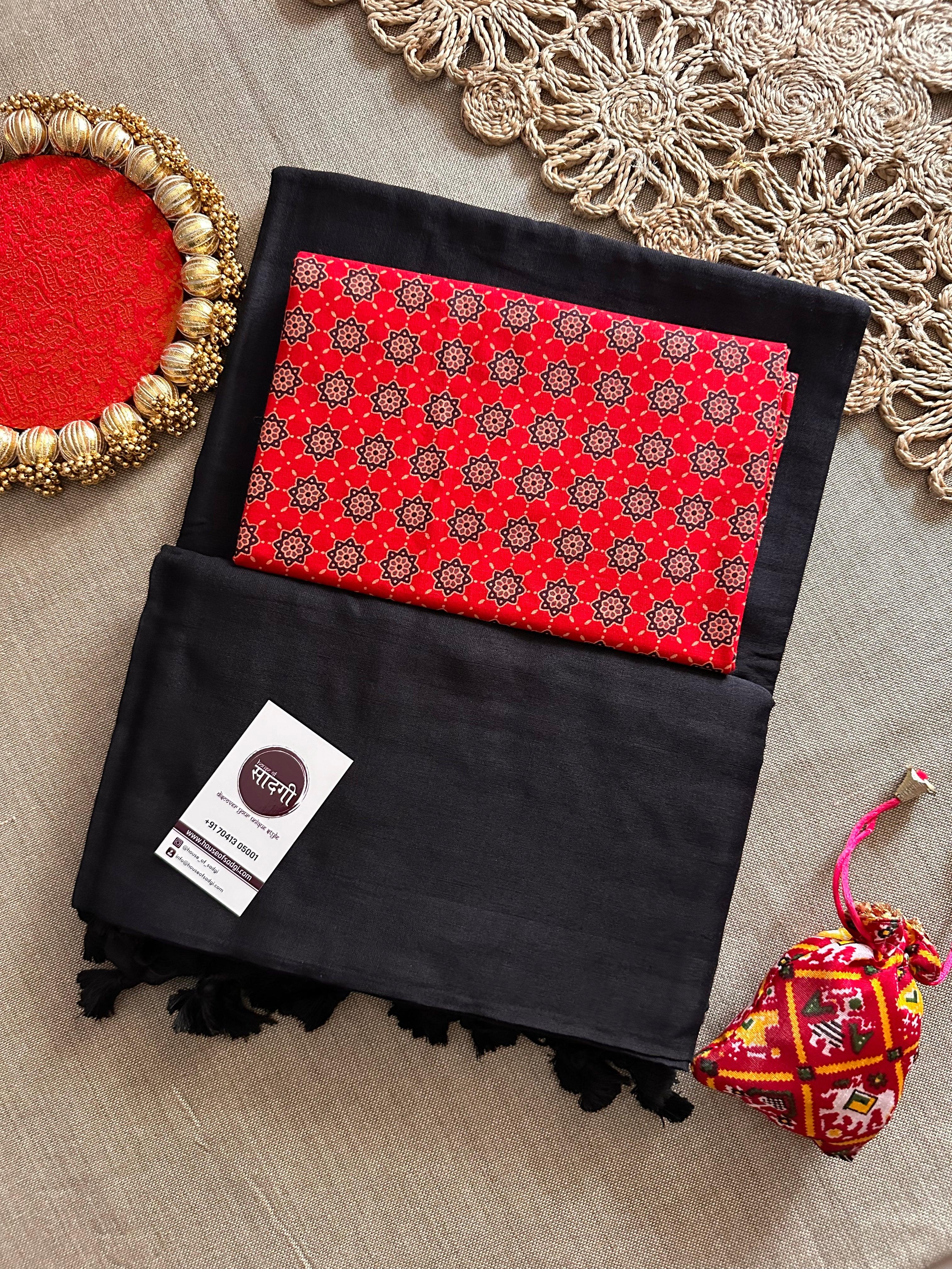 Black Handloom Khadi Cotton Saree With Geometric Print Blouse - House Of Sadgi