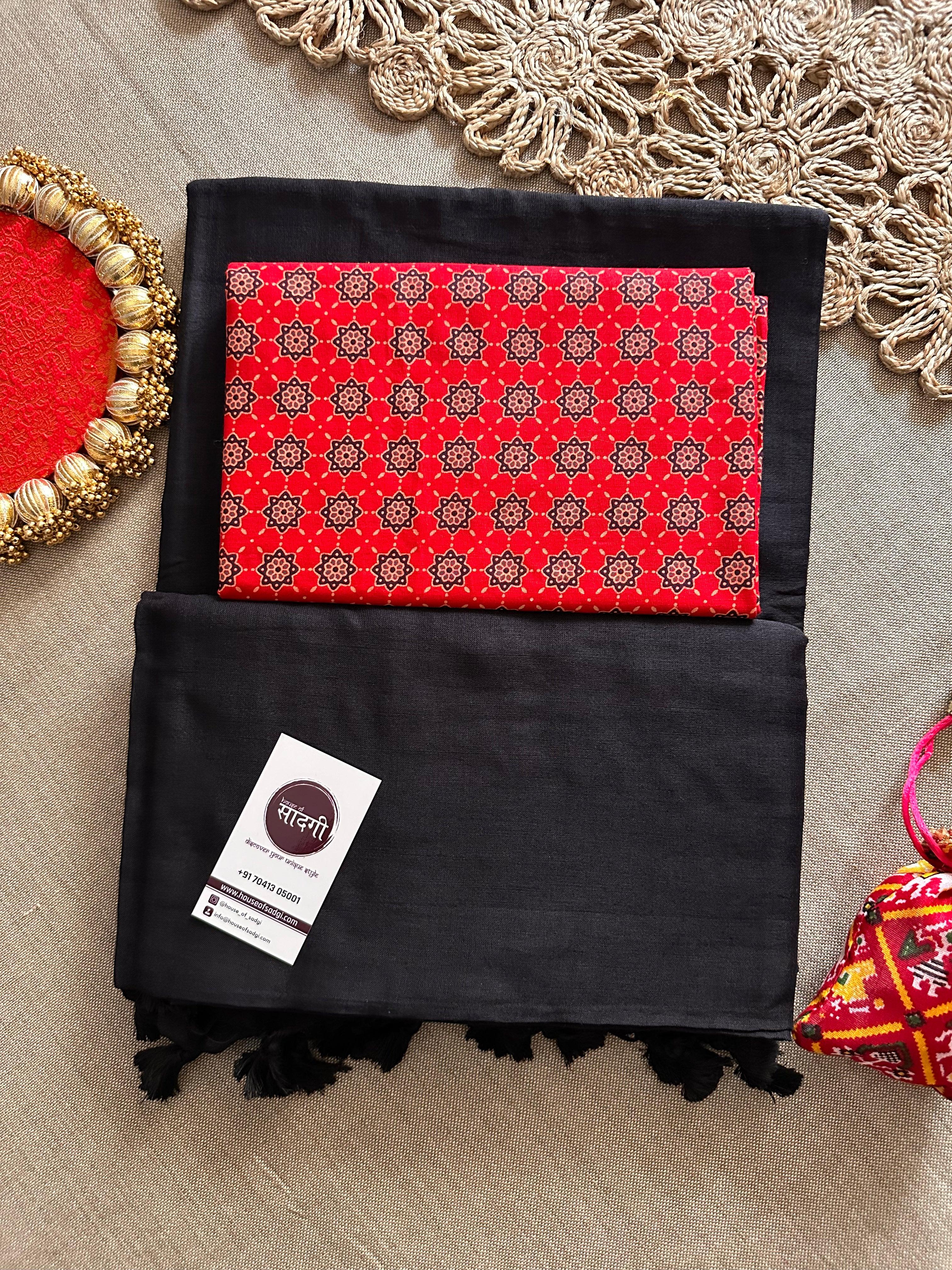 Black Handloom Khadi Cotton Saree With Geometric Print Blouse - House Of Sadgi