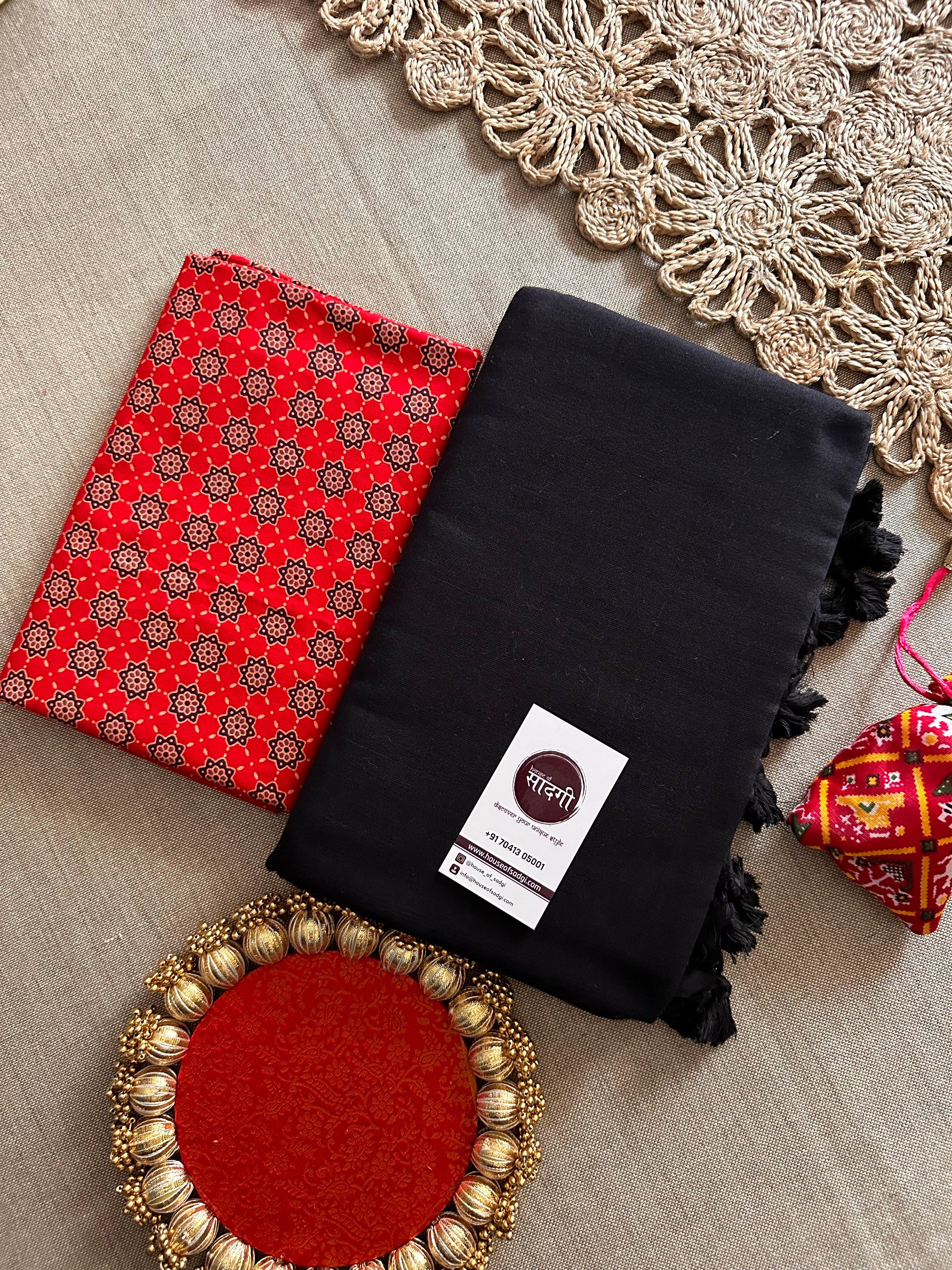 Black Handloom Khadi Cotton Saree With Geometric Print Blouse - House Of Sadgi