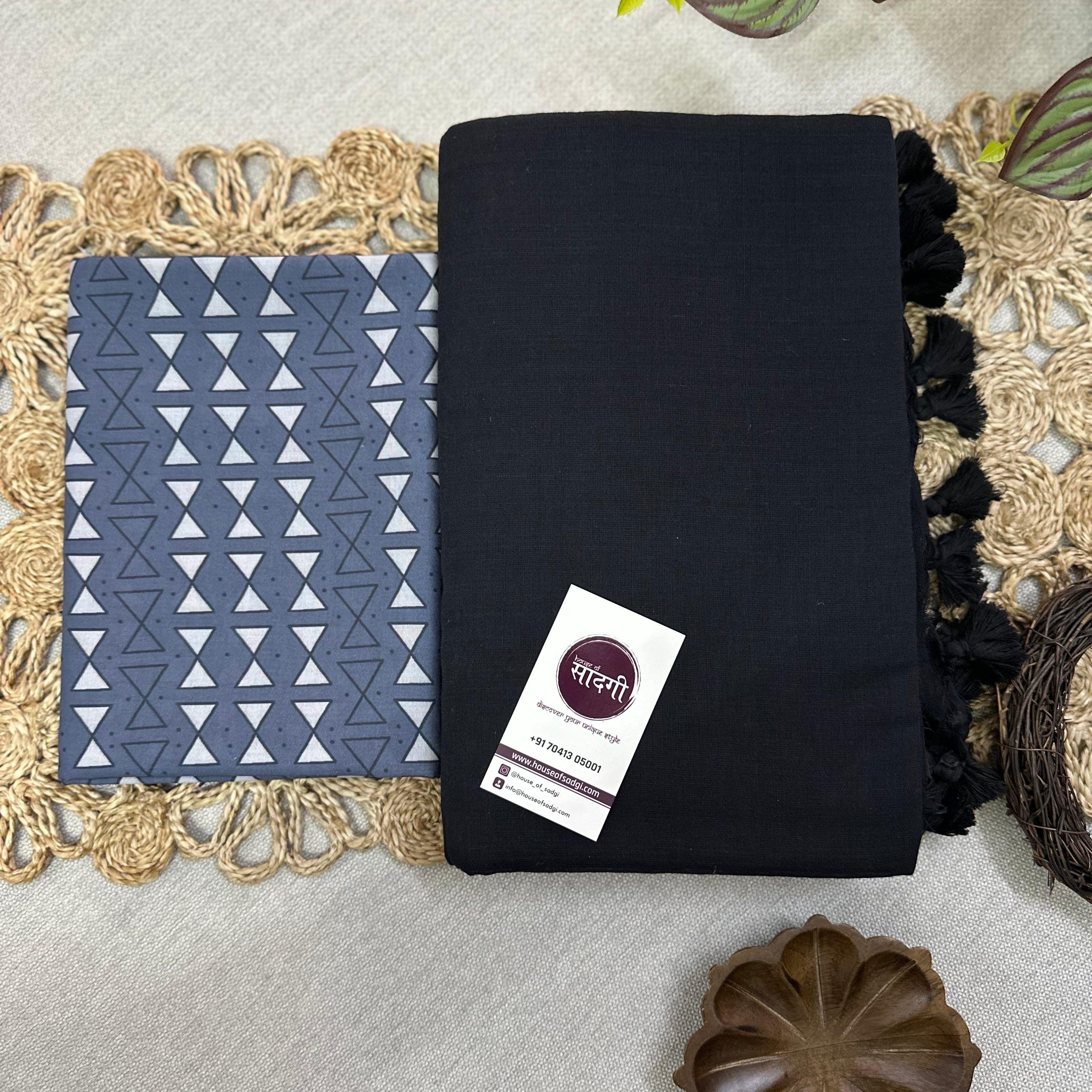 Black Handloom Khadi Cotton Saree With Grey Printed Blouse - House Of Sadgi