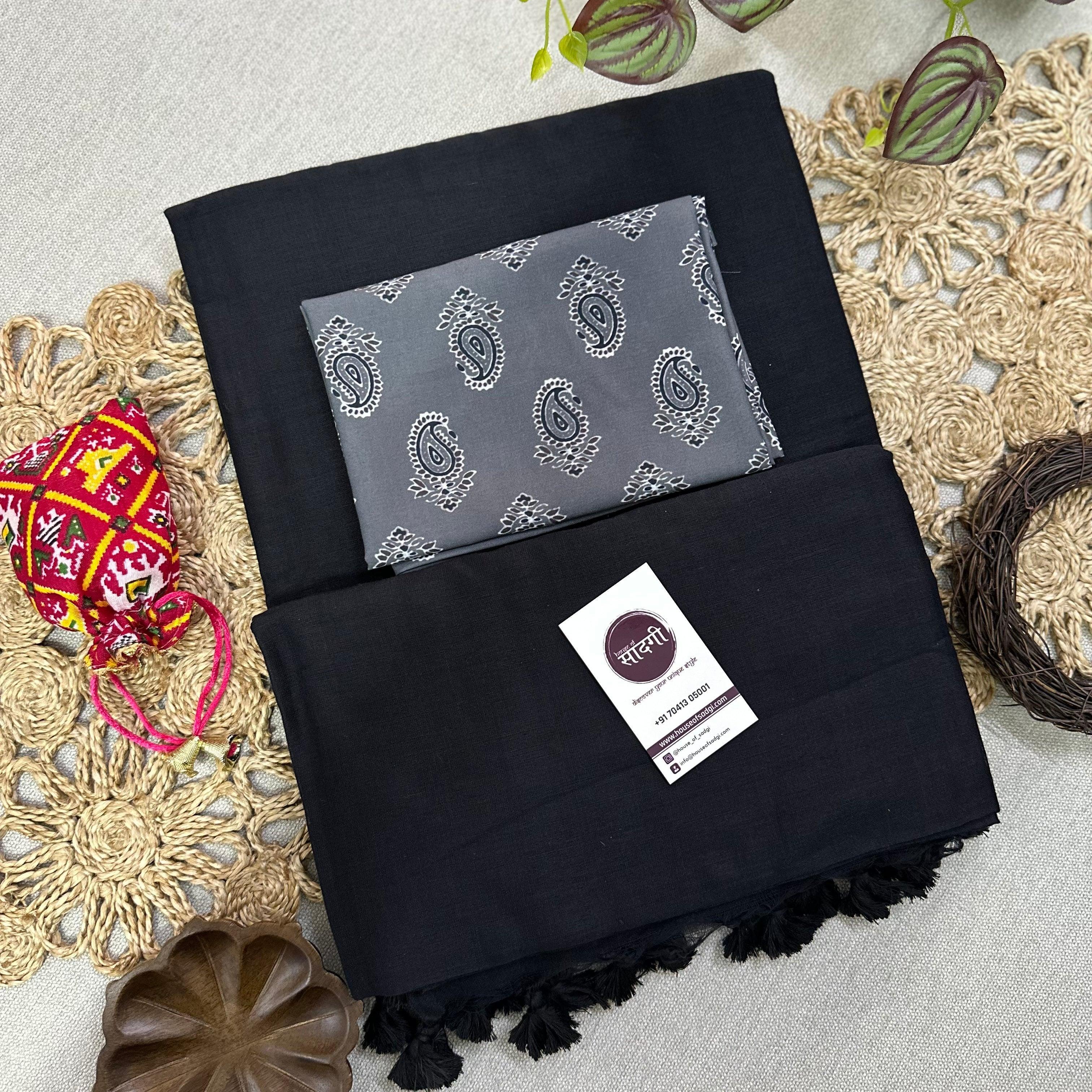 Black Handloom Khadi Cotton Saree With Mango Printed Blouse - House Of Sadgi