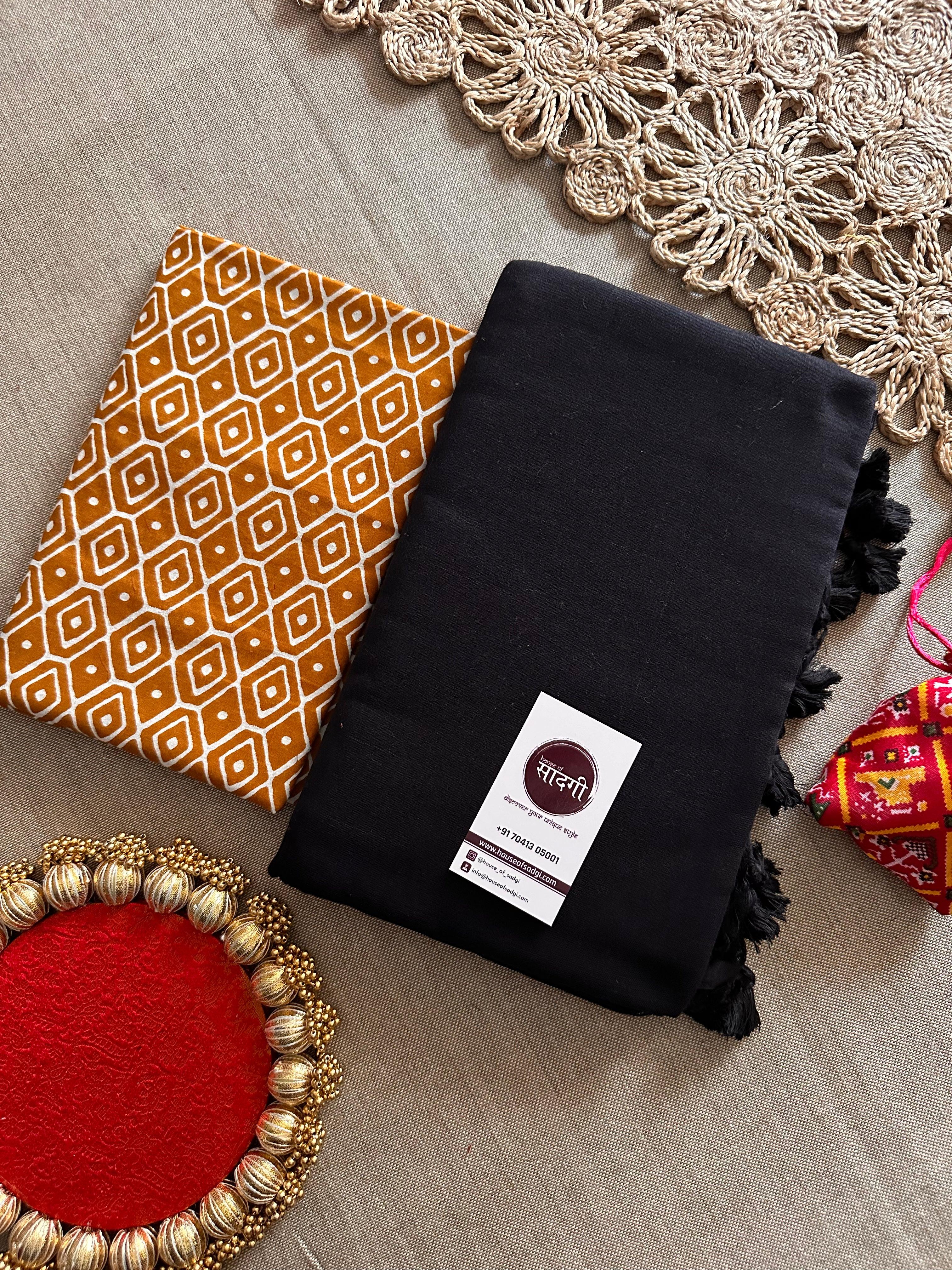 Black Handloom Khadi Cotton Saree With Orange Printed Blouse - House Of Sadgi