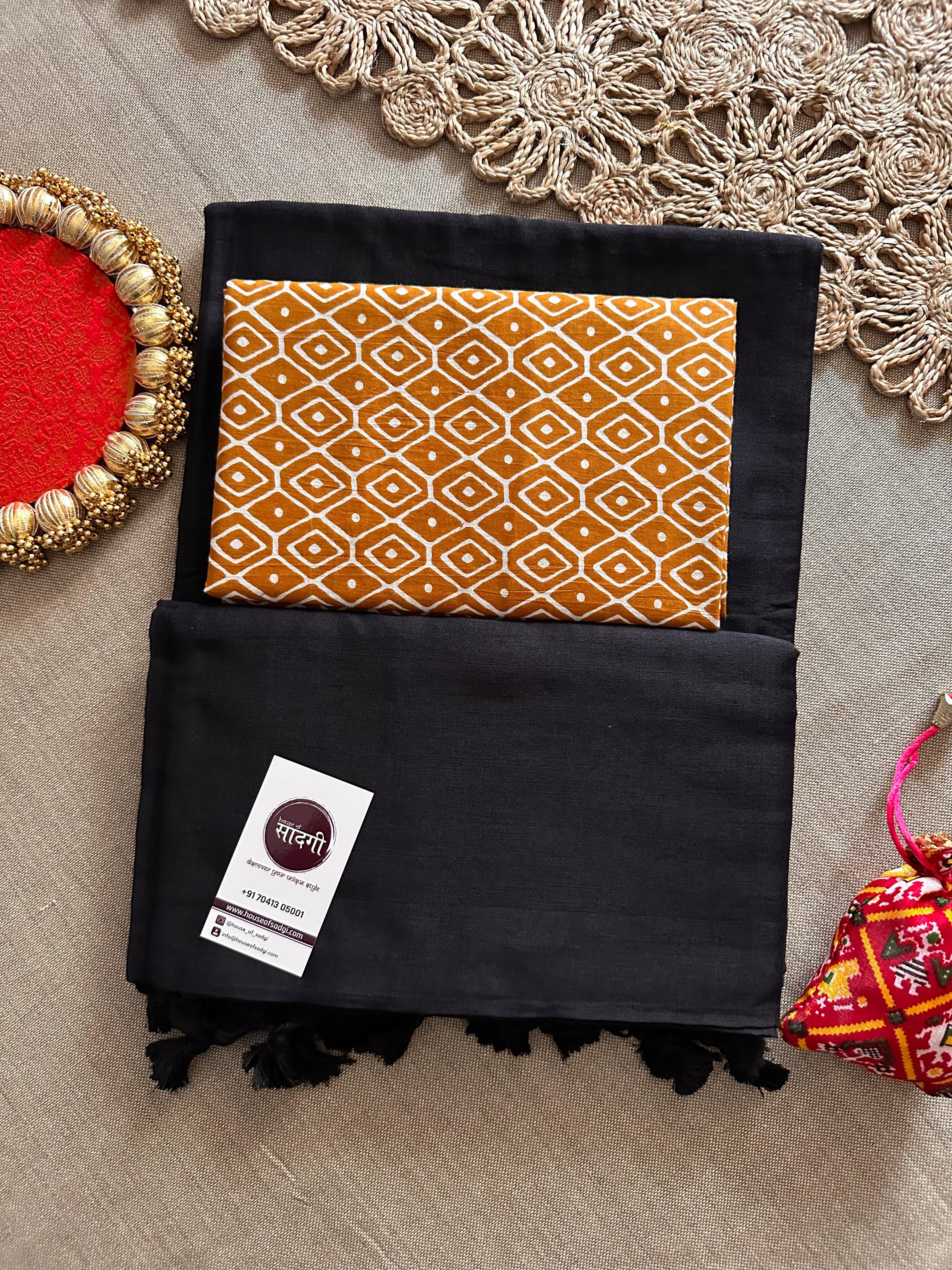 Black Handloom Khadi Cotton Saree With Orange Printed Blouse - House Of Sadgi