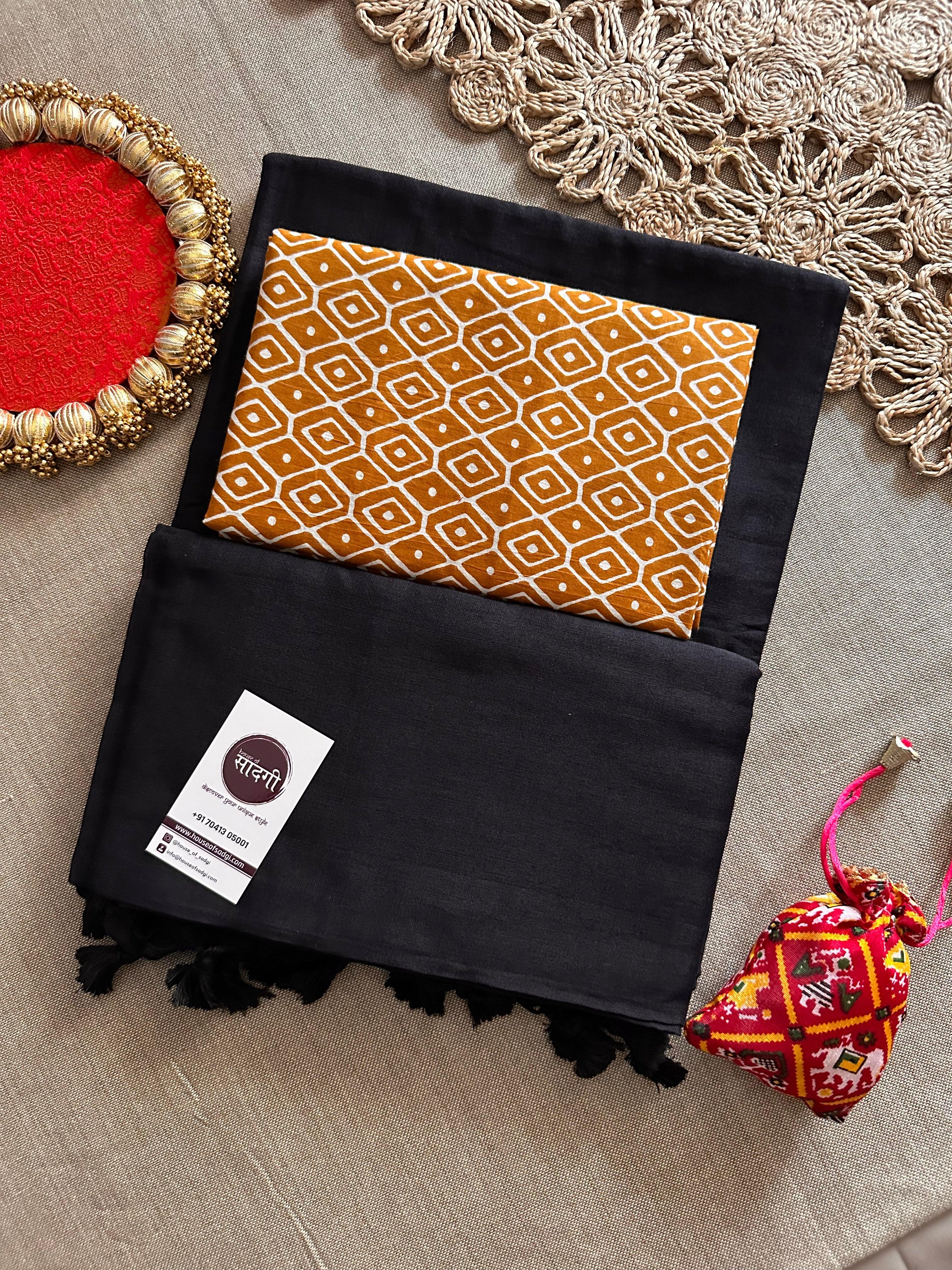 Black Handloom Khadi Cotton Saree With Orange Printed Blouse - House Of Sadgi