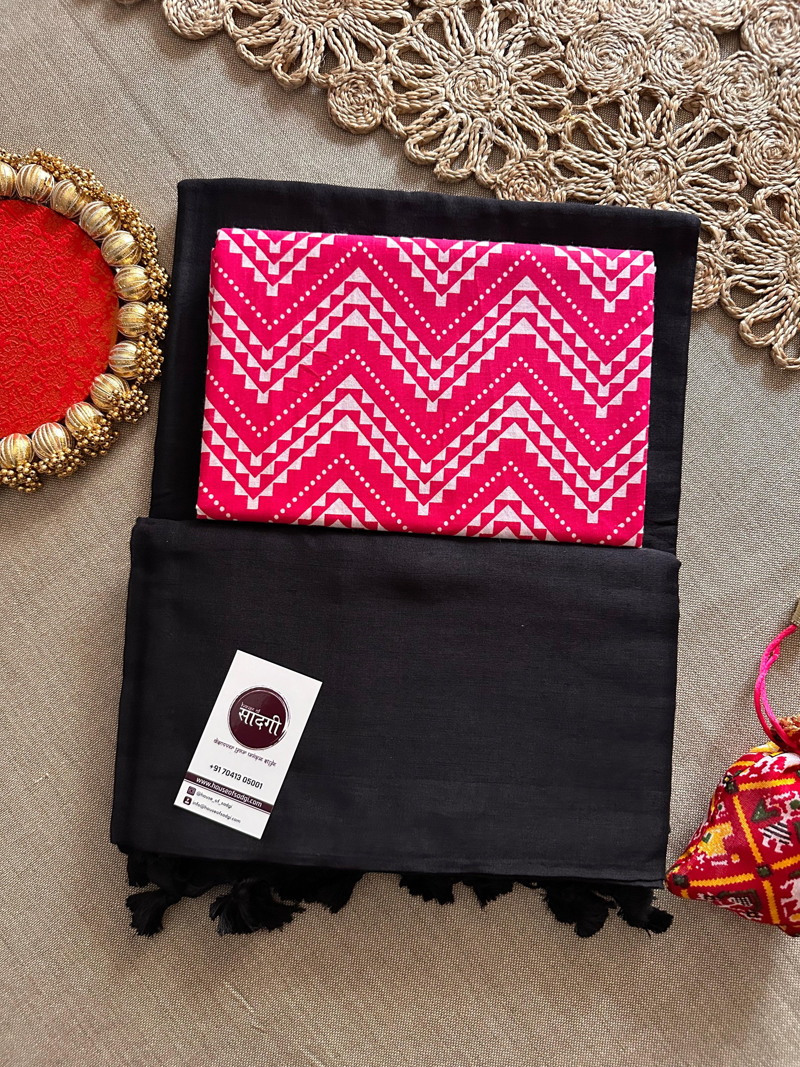 Black Handloom Khadi Cotton Saree With Pink Printed Blouse - House Of Sadgi