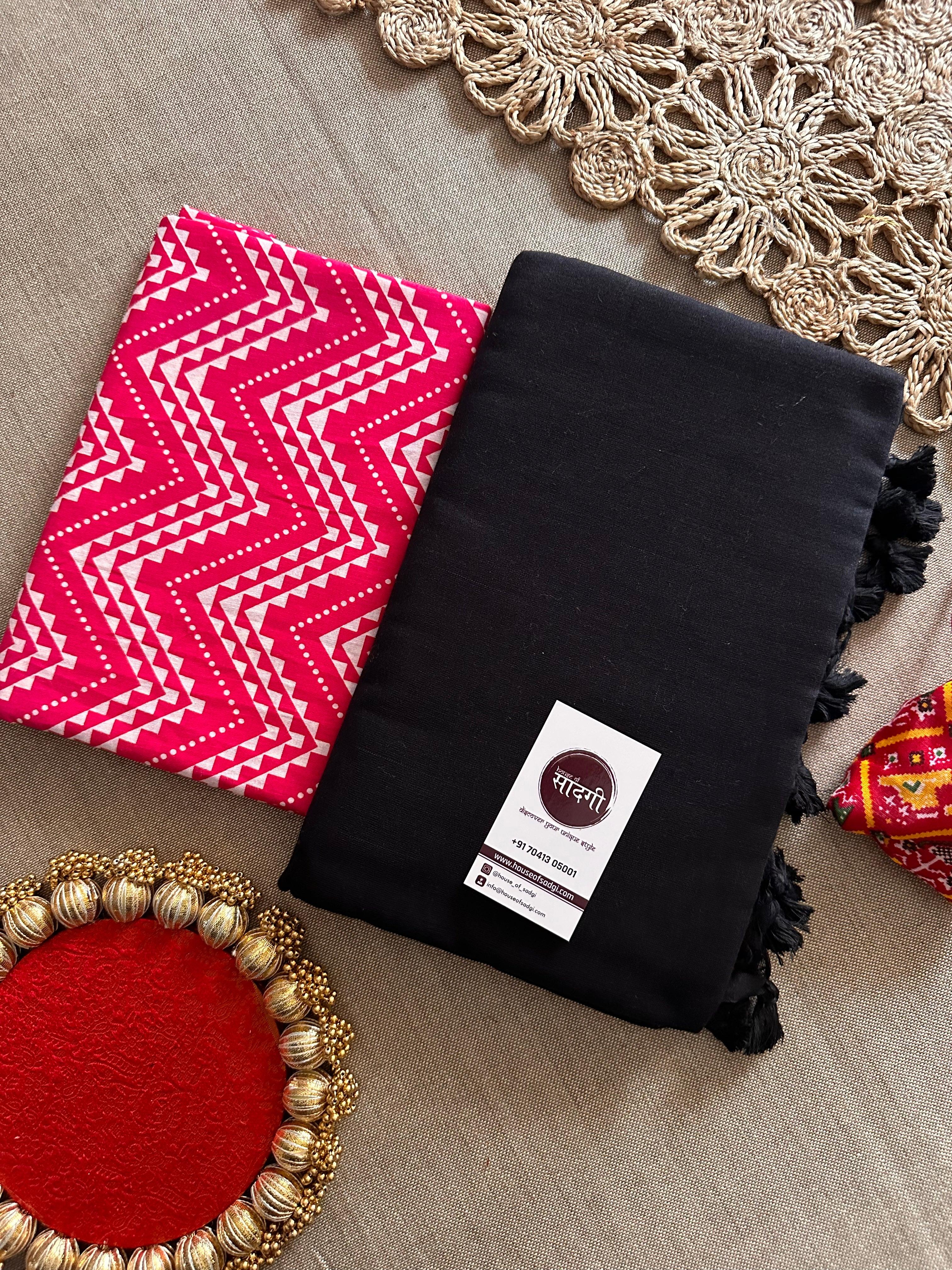 Black Handloom Khadi Cotton Saree With Pink Printed Blouse - House Of Sadgi