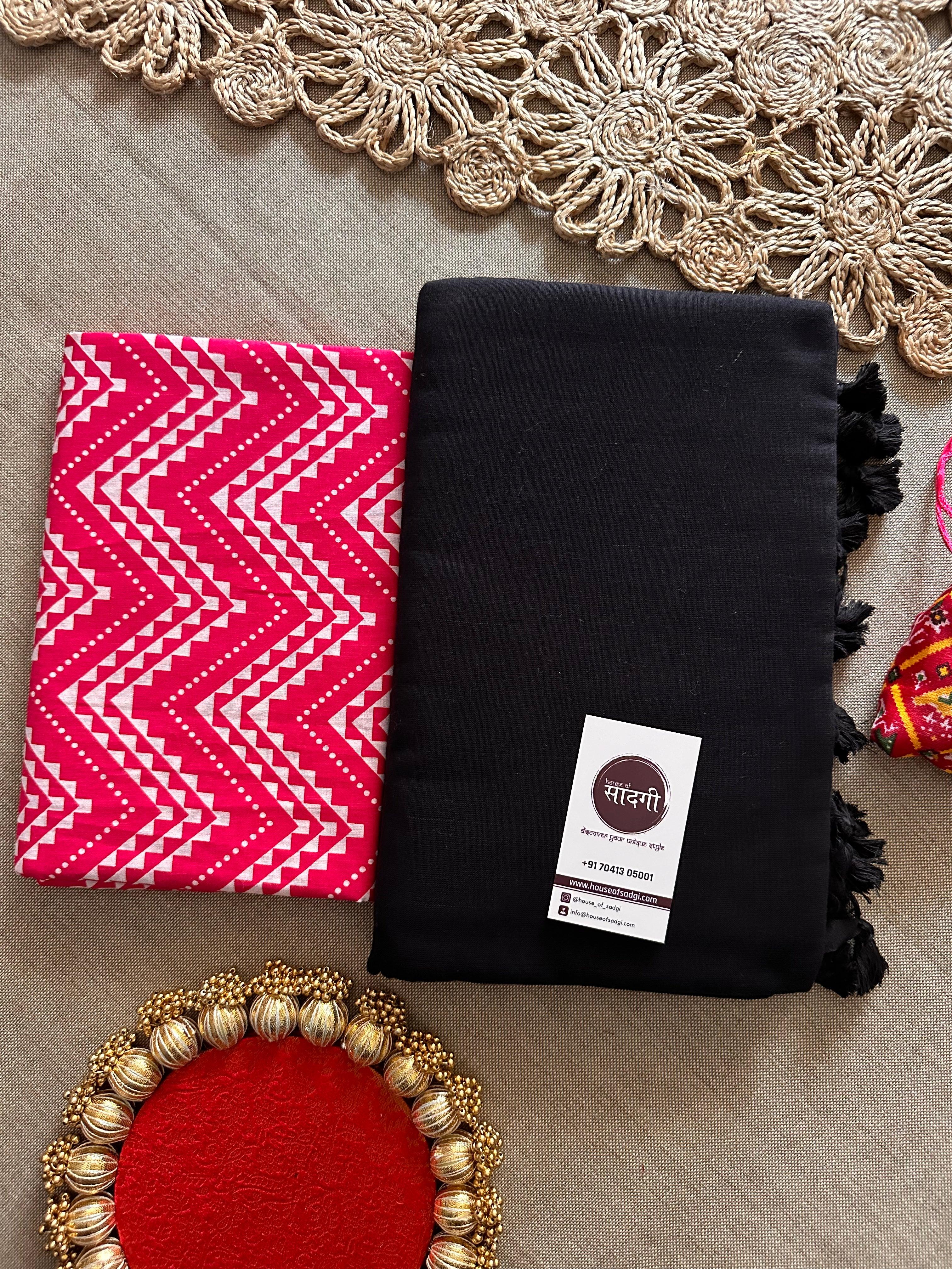 Black Handloom Khadi Cotton Saree With Pink Printed Blouse - House Of Sadgi