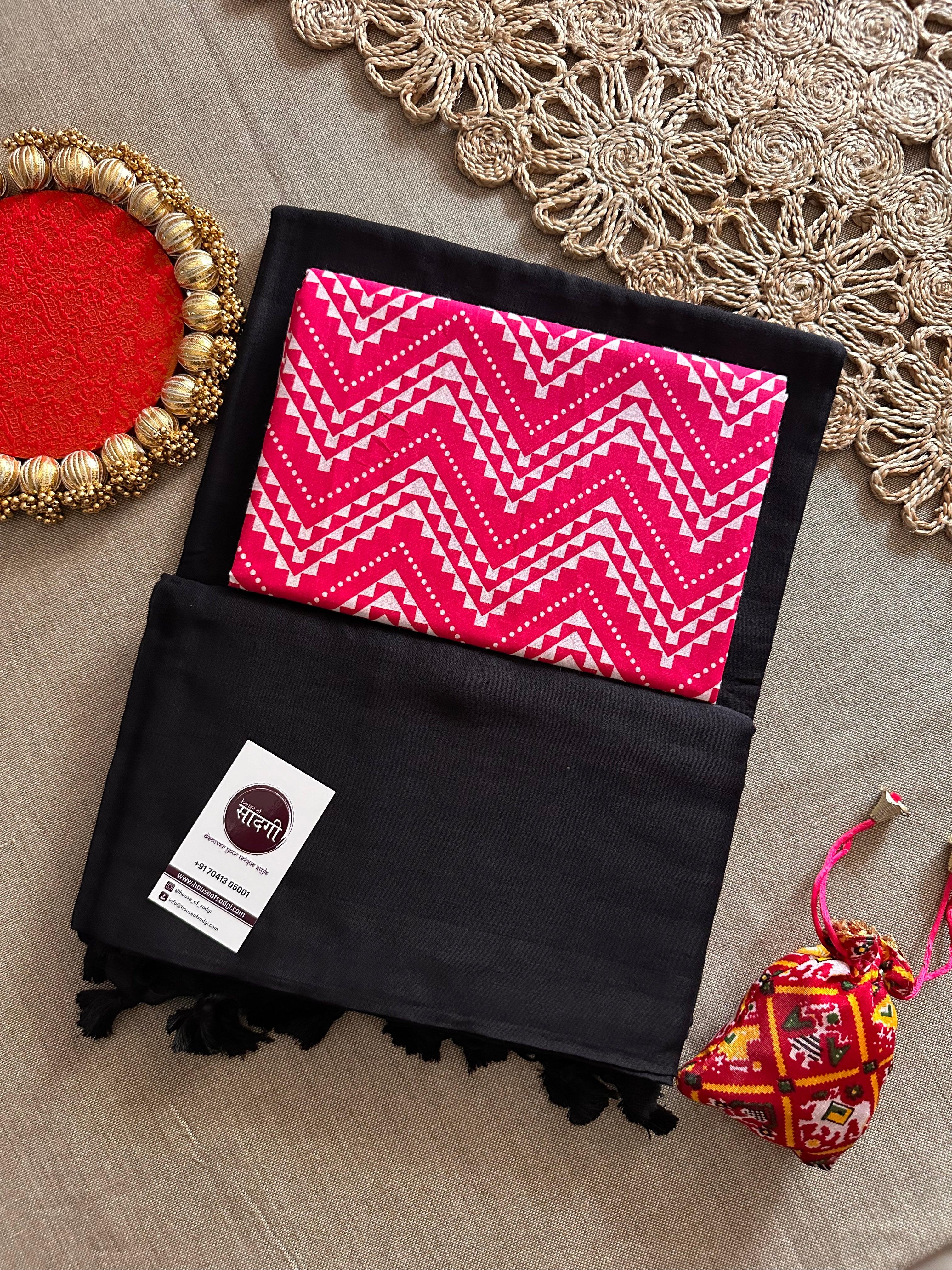 Black Handloom Khadi Cotton Saree With Pink Printed Blouse - House Of Sadgi