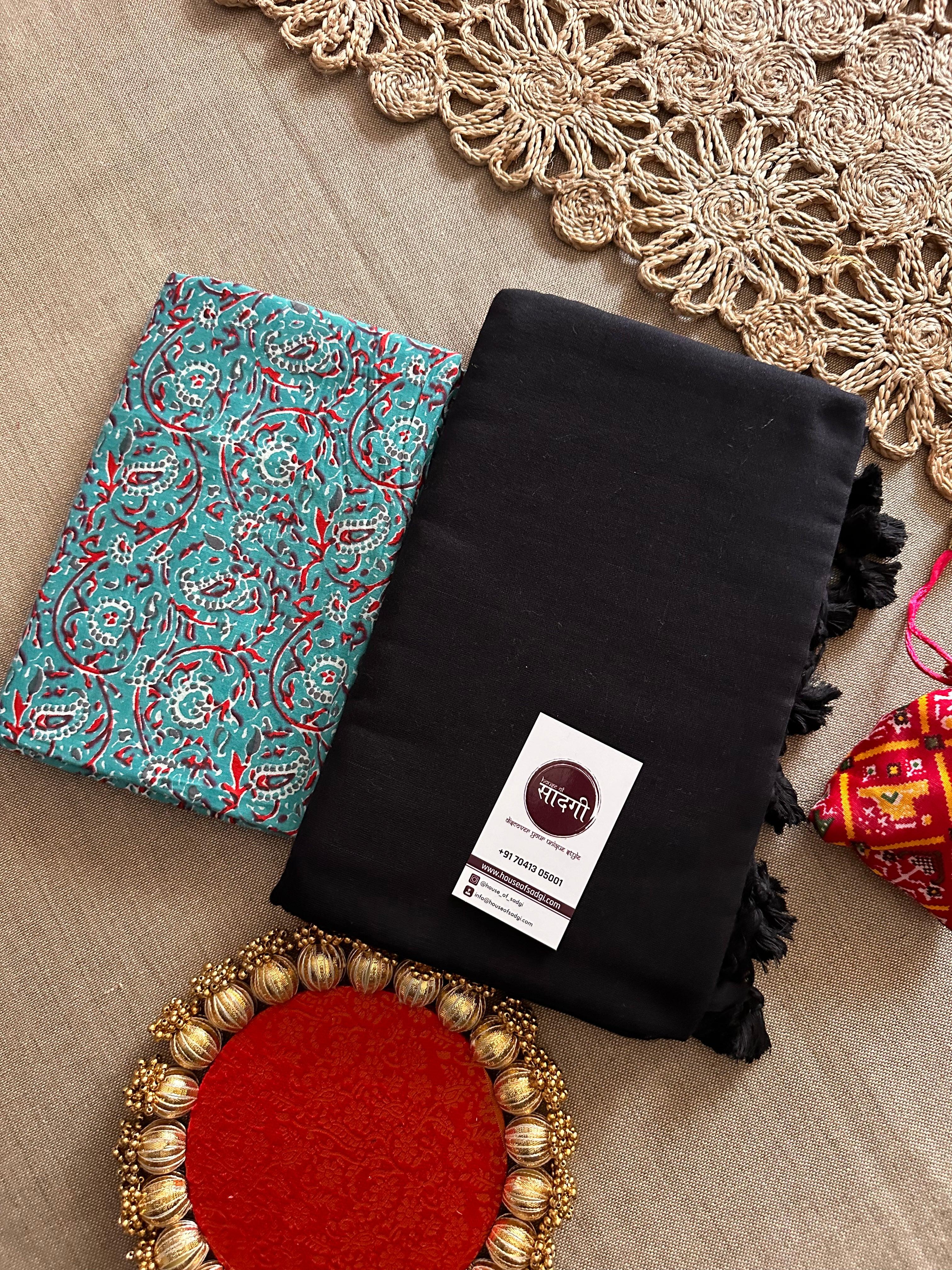 Black Handloom Khadi Cotton Saree With Printed Blouse - House Of Sadgi