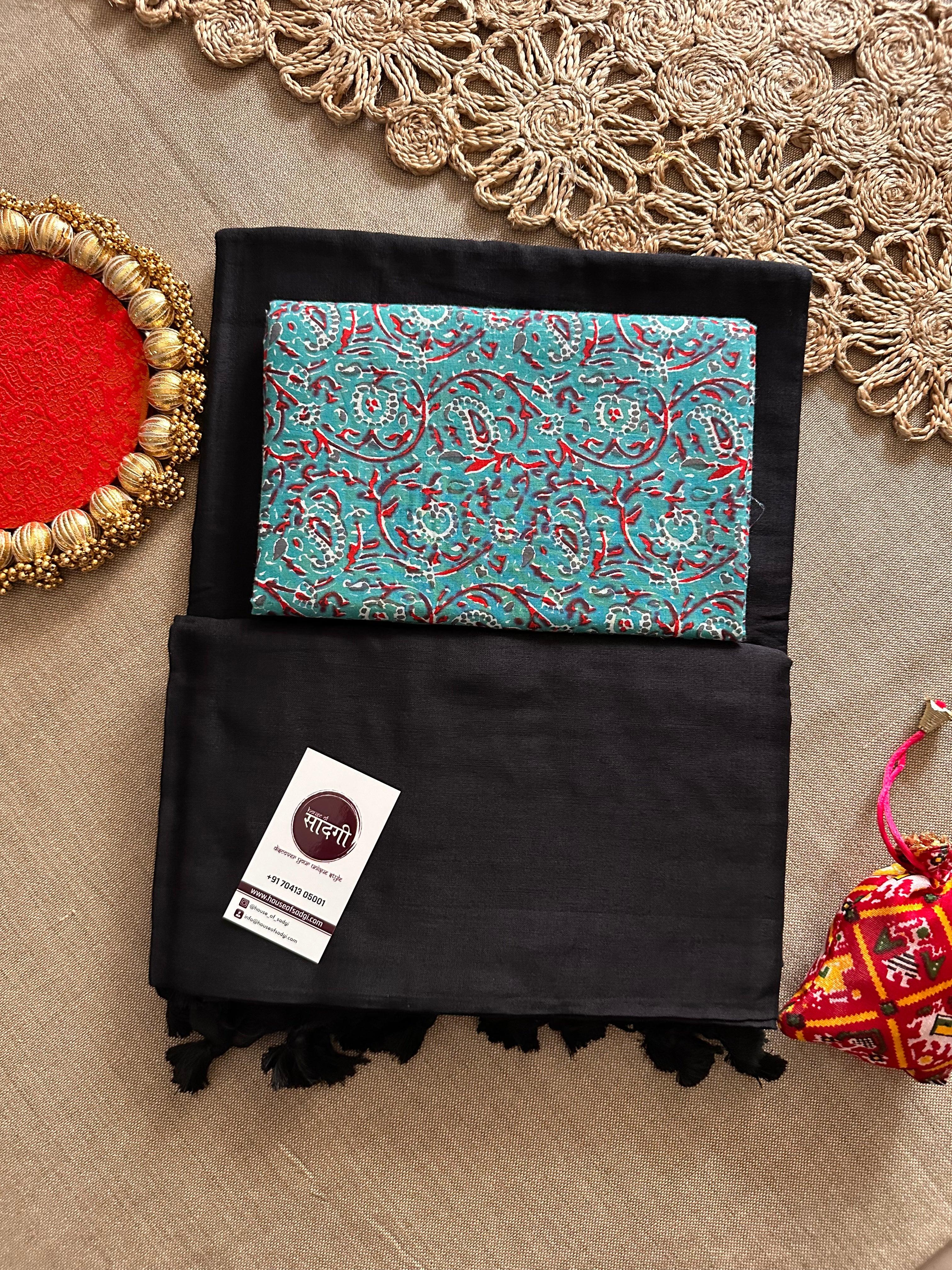 Black Handloom Khadi Cotton Saree With Printed Blouse - House Of Sadgi