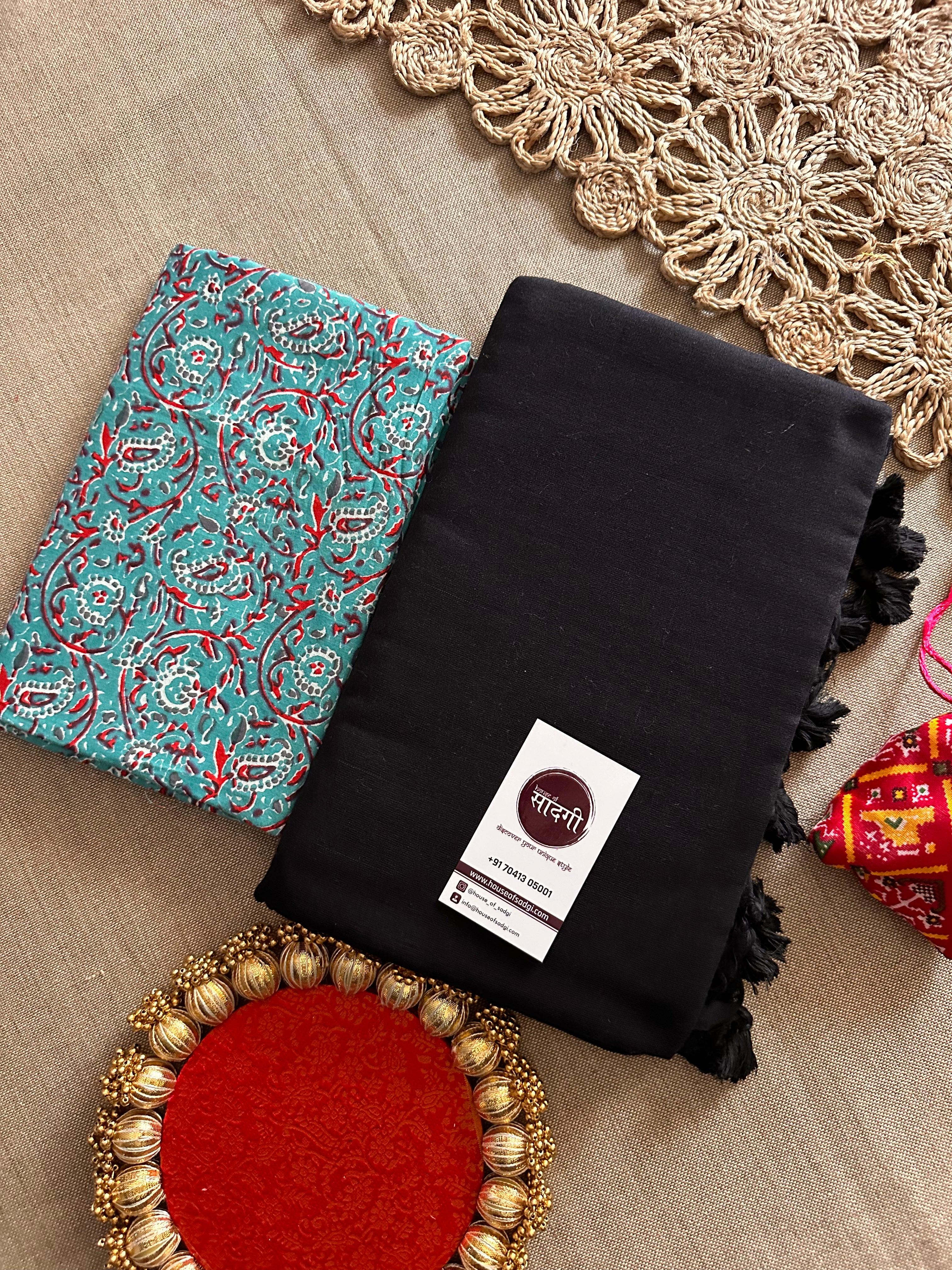 Black Handloom Khadi Cotton Saree With Printed Blouse - House Of Sadgi