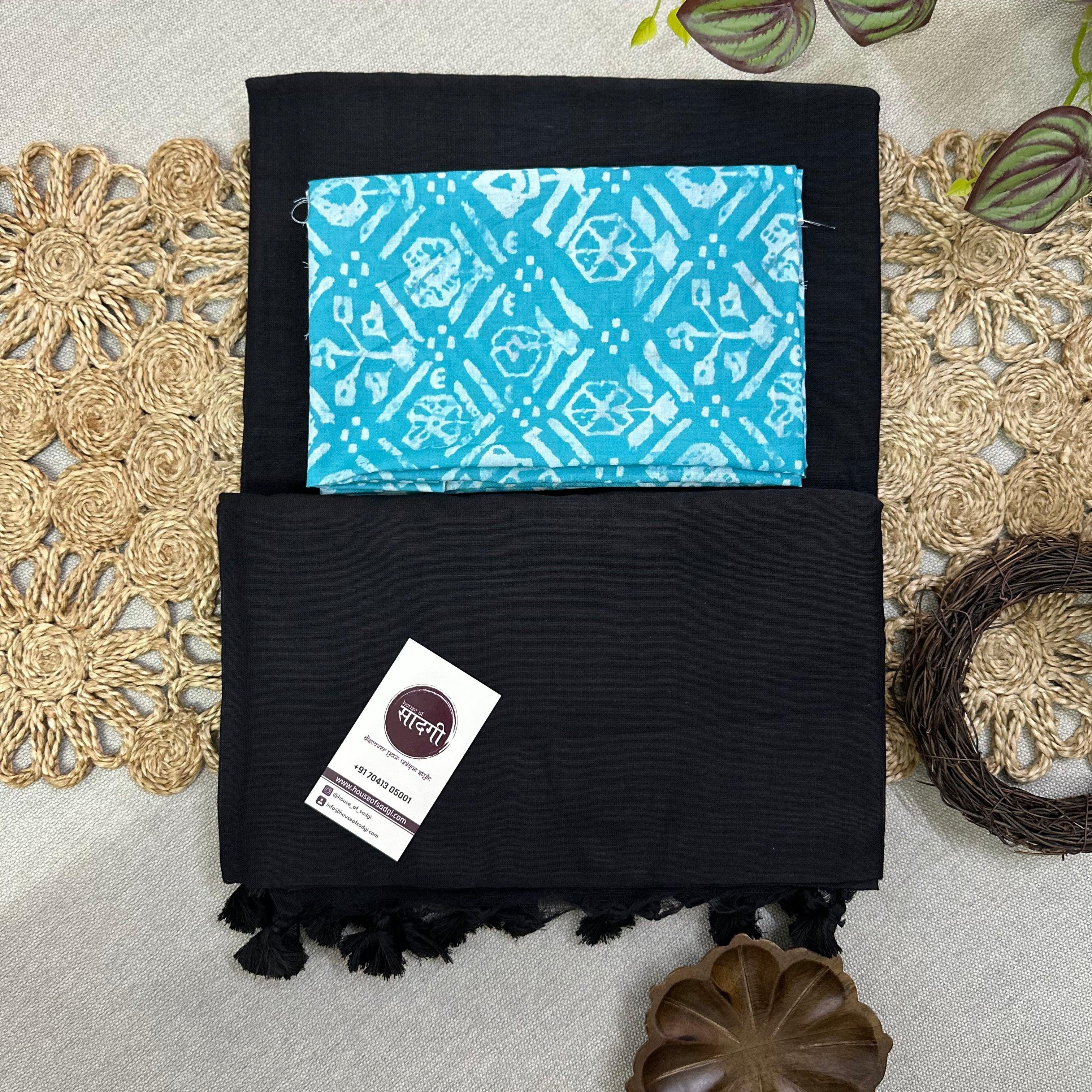 Black Handloom Khadi Cotton Saree With Sky Printed Blouse - House Of Sadgi