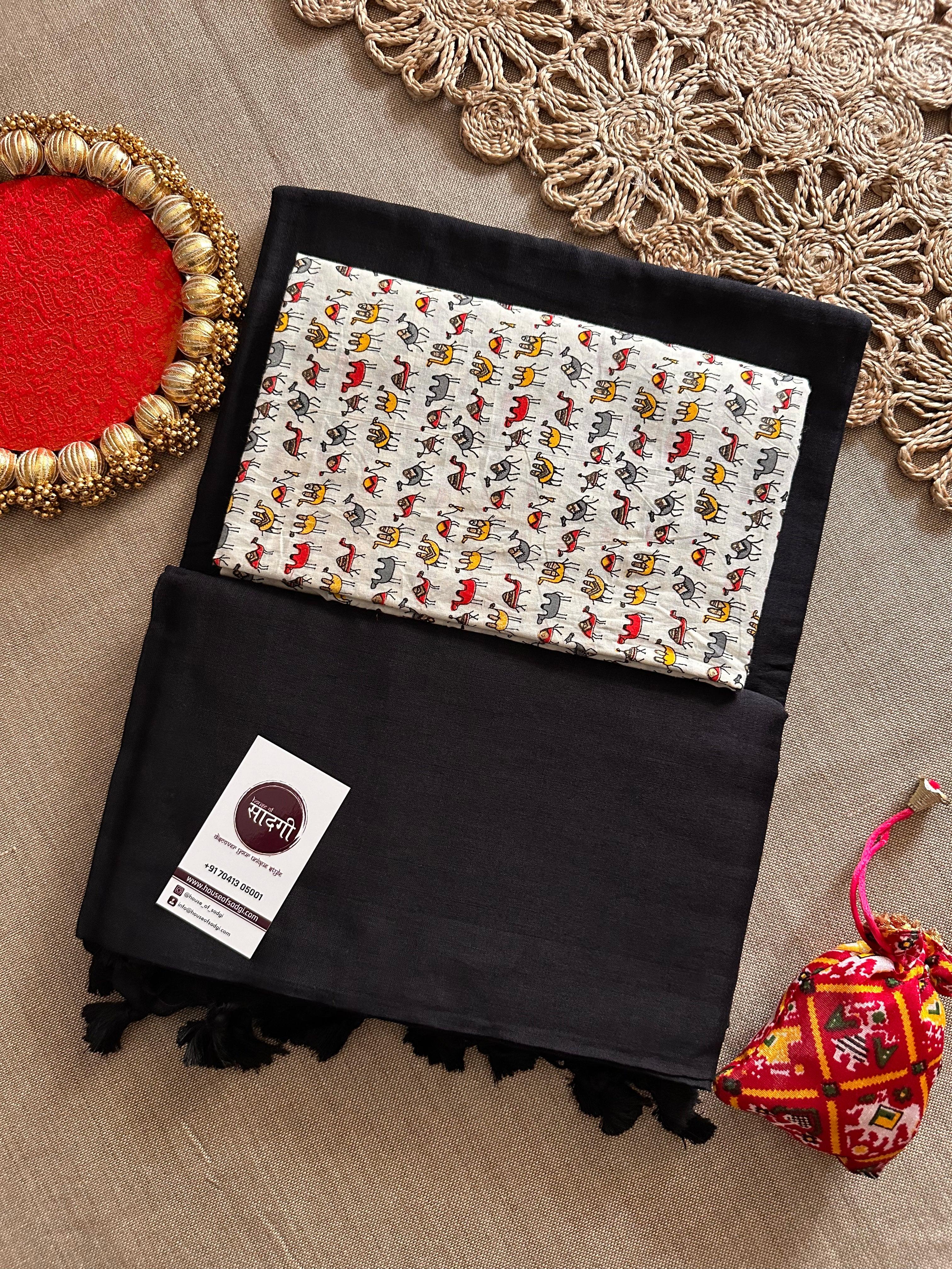 Black Handloom Khadi Cotton Saree With White Printed Blouse - House Of Sadgi