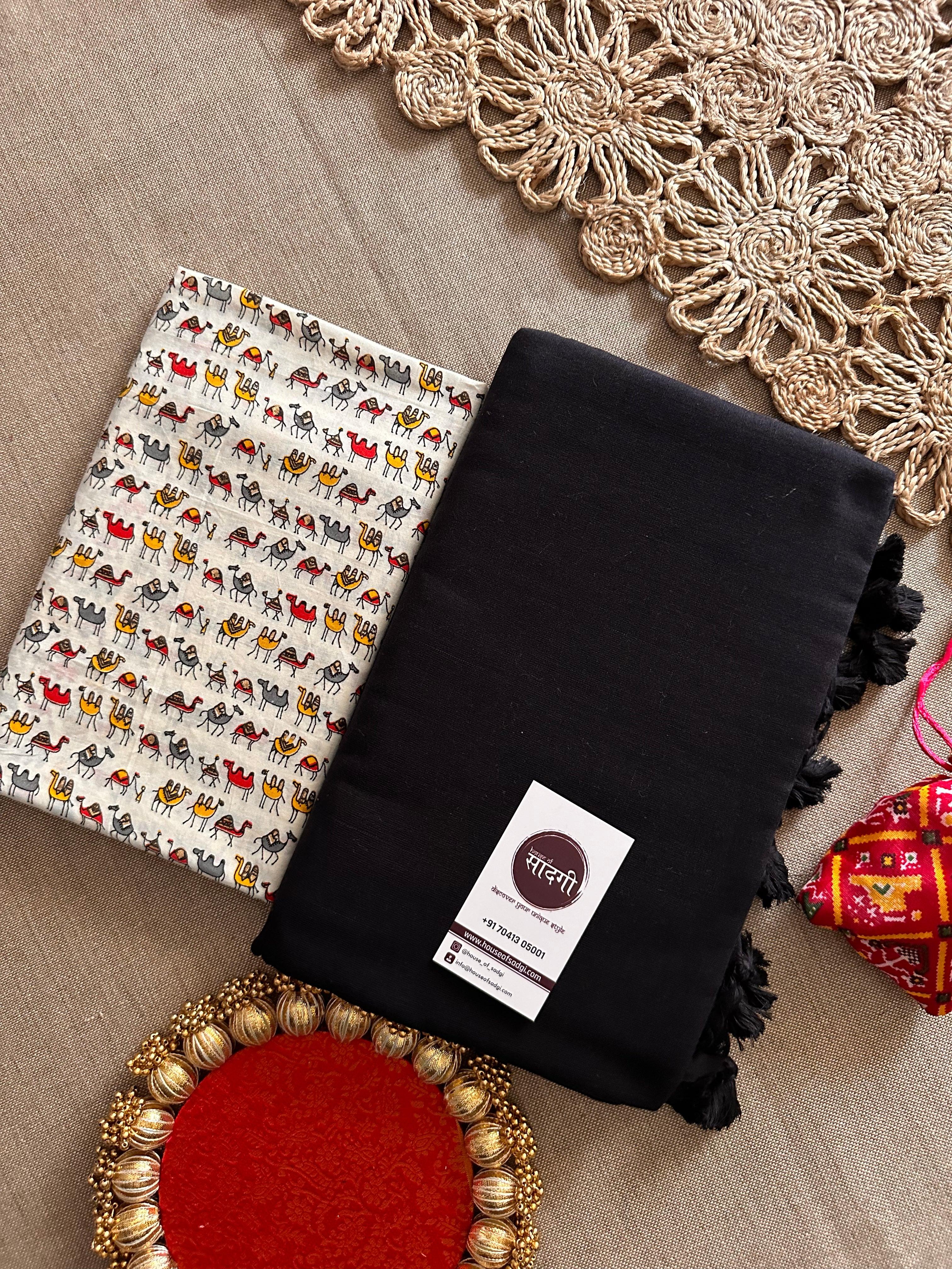 Black Handloom Khadi Cotton Saree With White Printed Blouse - House Of Sadgi