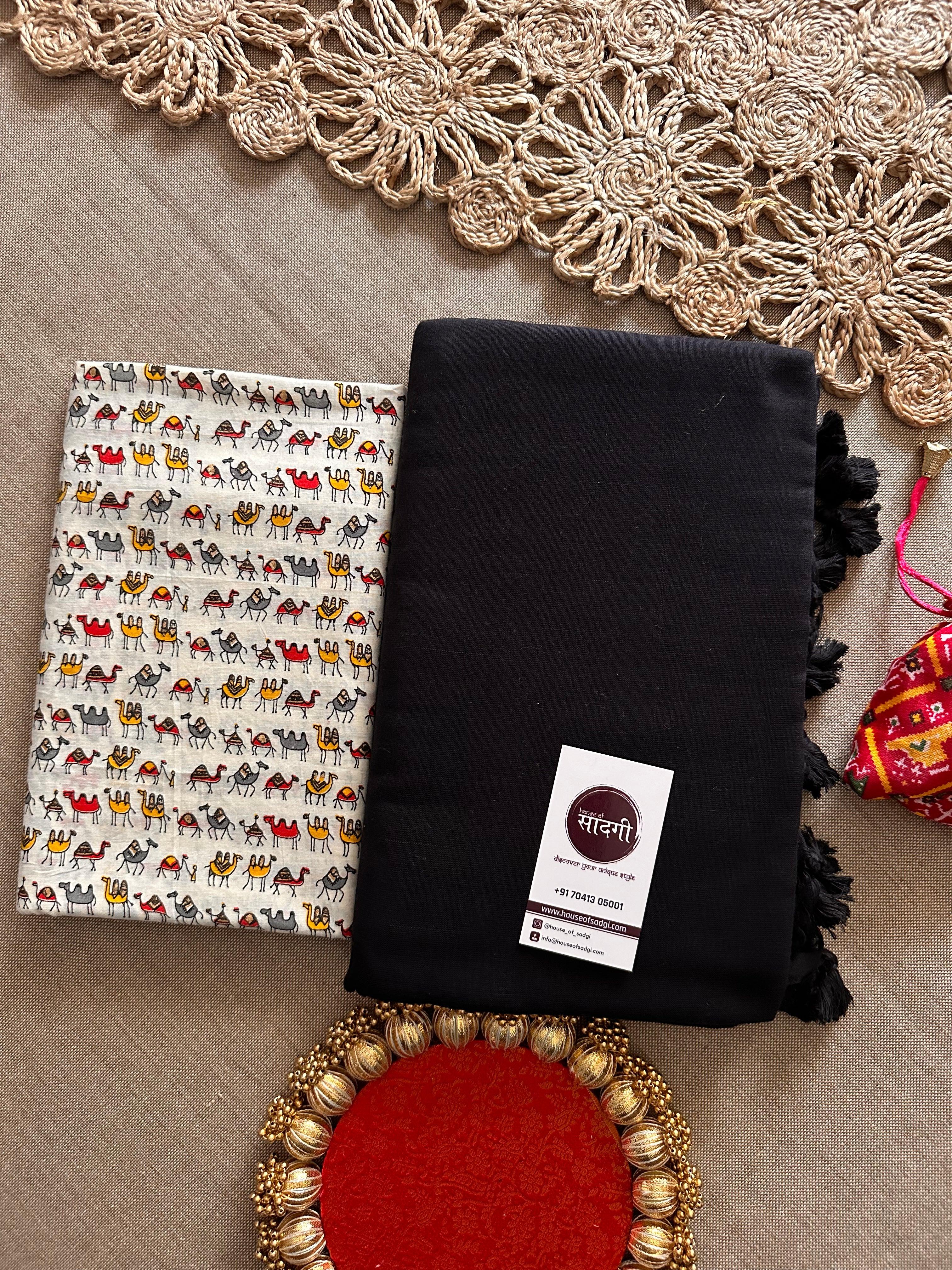 Black Handloom Khadi Cotton Saree With White Printed Blouse - House Of Sadgi