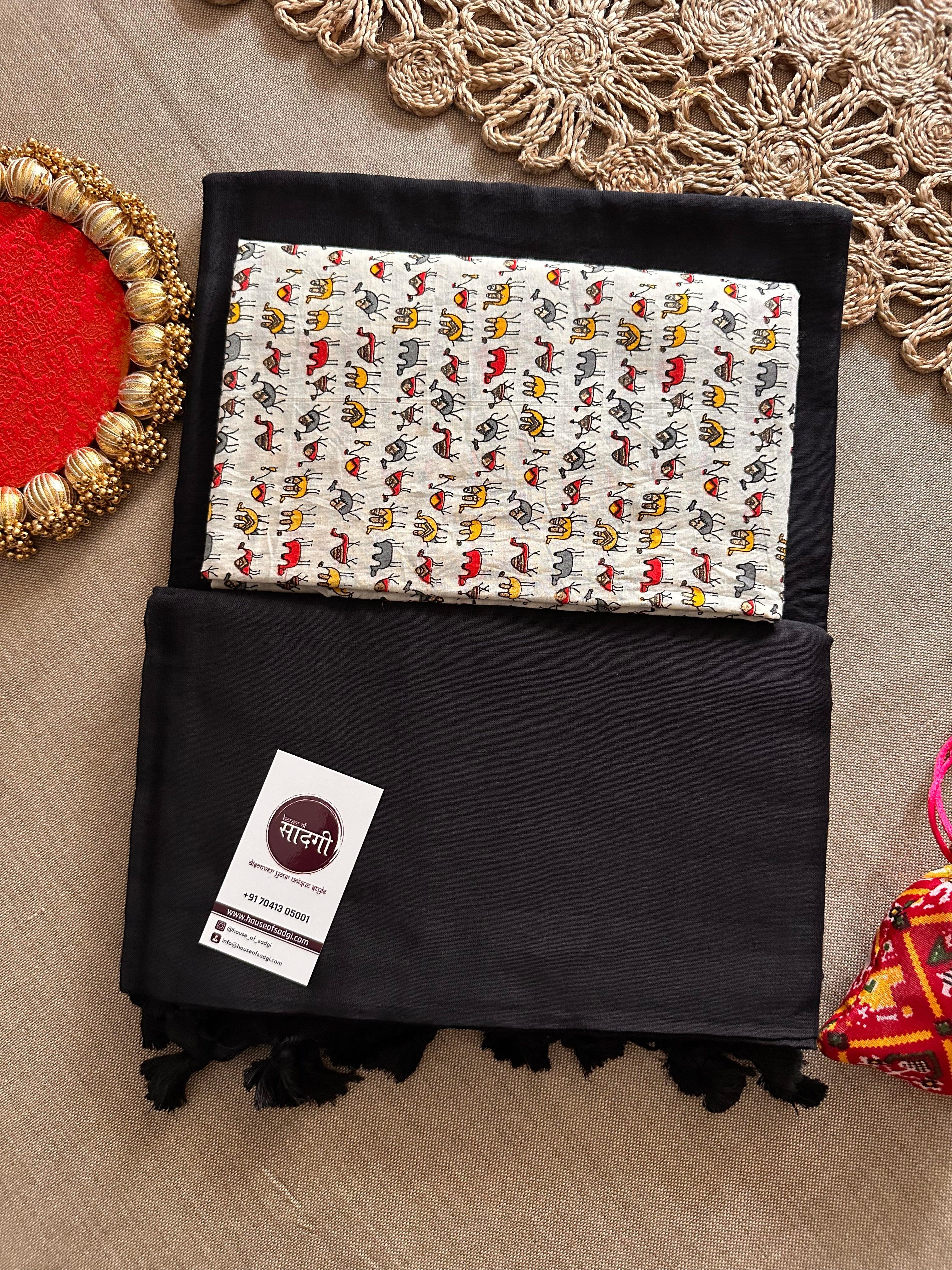 Black Handloom Khadi Cotton Saree With White Printed Blouse - House Of Sadgi