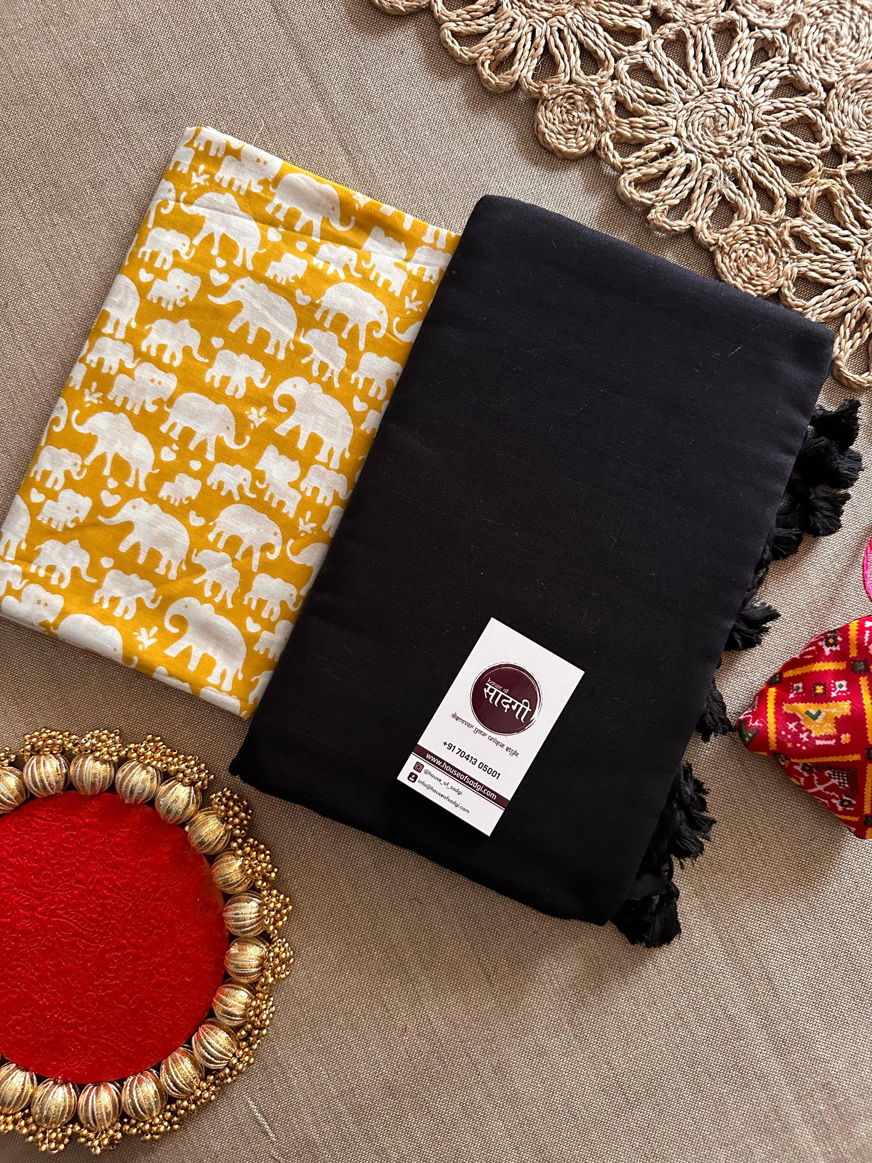 Black Handloom Khadi Cotton Saree With Yellow Printed Blouse - House Of Sadgi