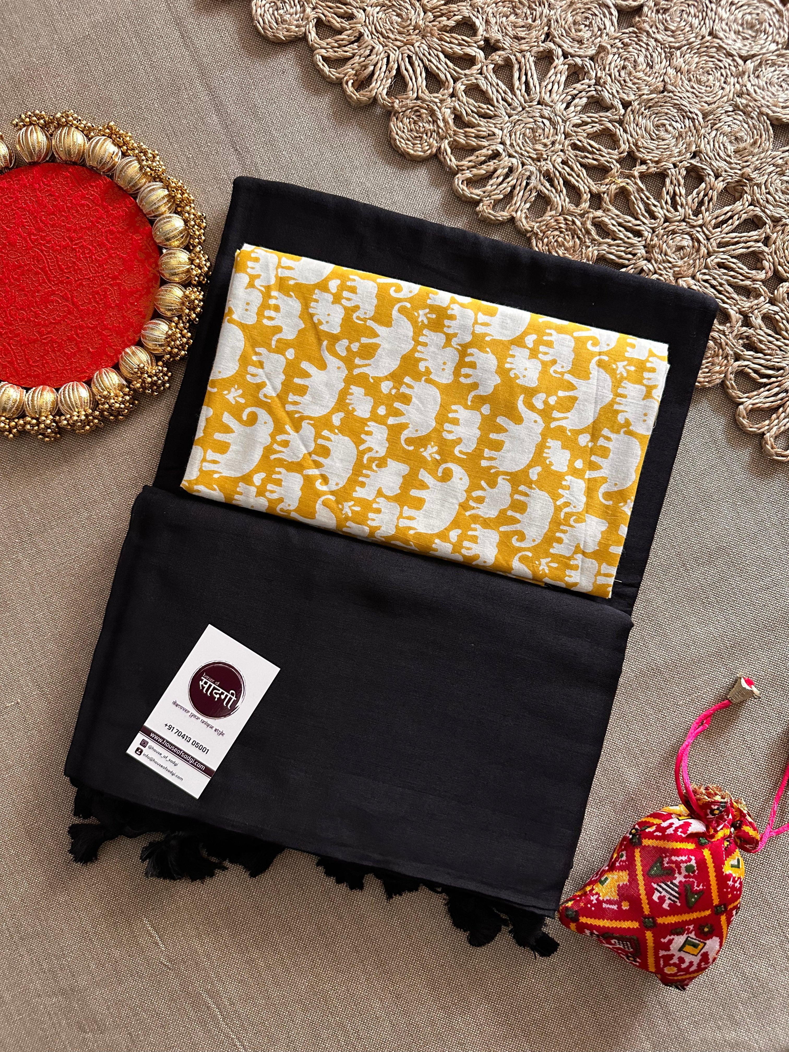 Black Handloom Khadi Cotton Saree With Yellow Printed Blouse - House Of Sadgi