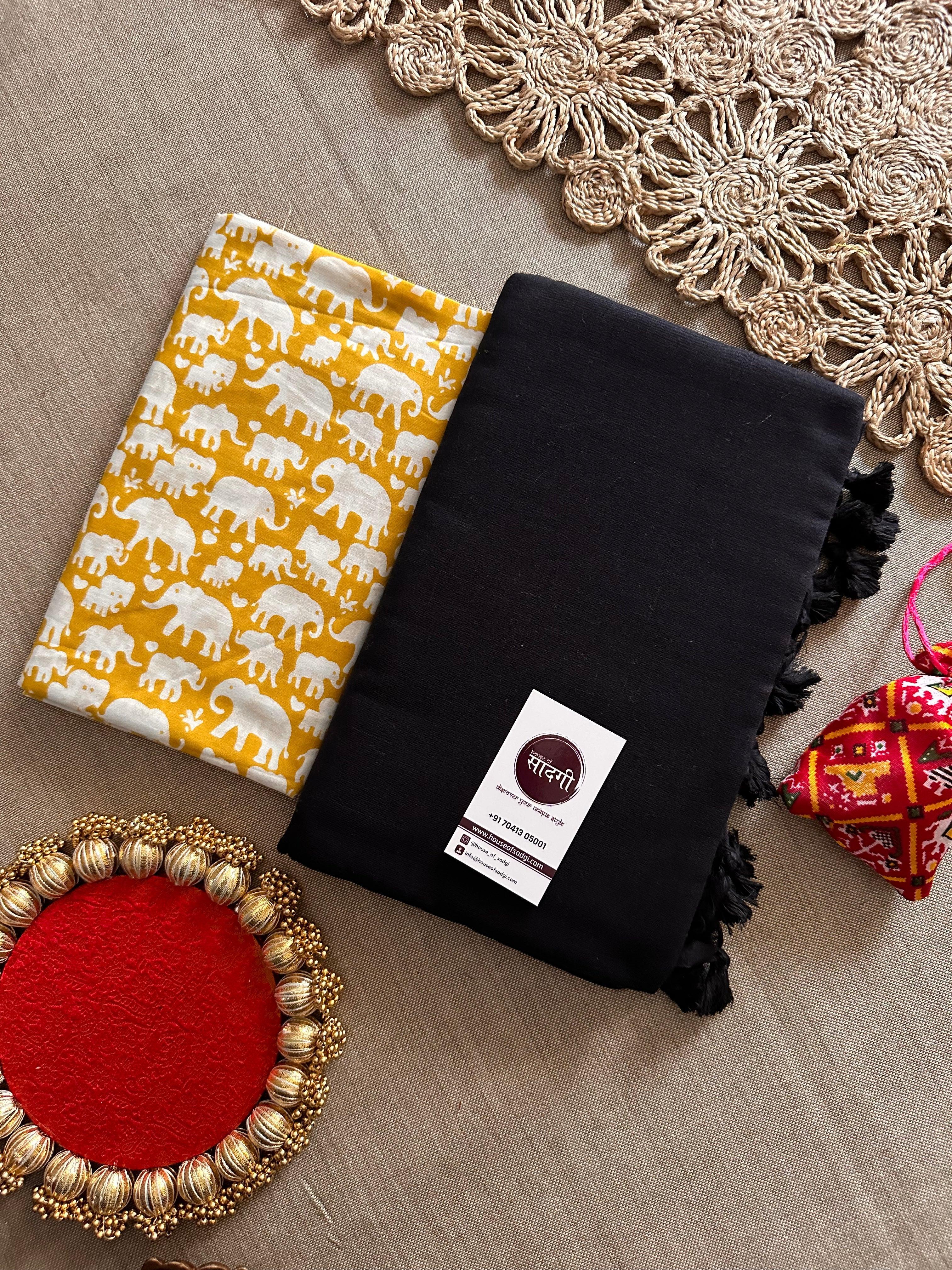 Black Handloom Khadi Cotton Saree With Yellow Printed Blouse - House Of Sadgi