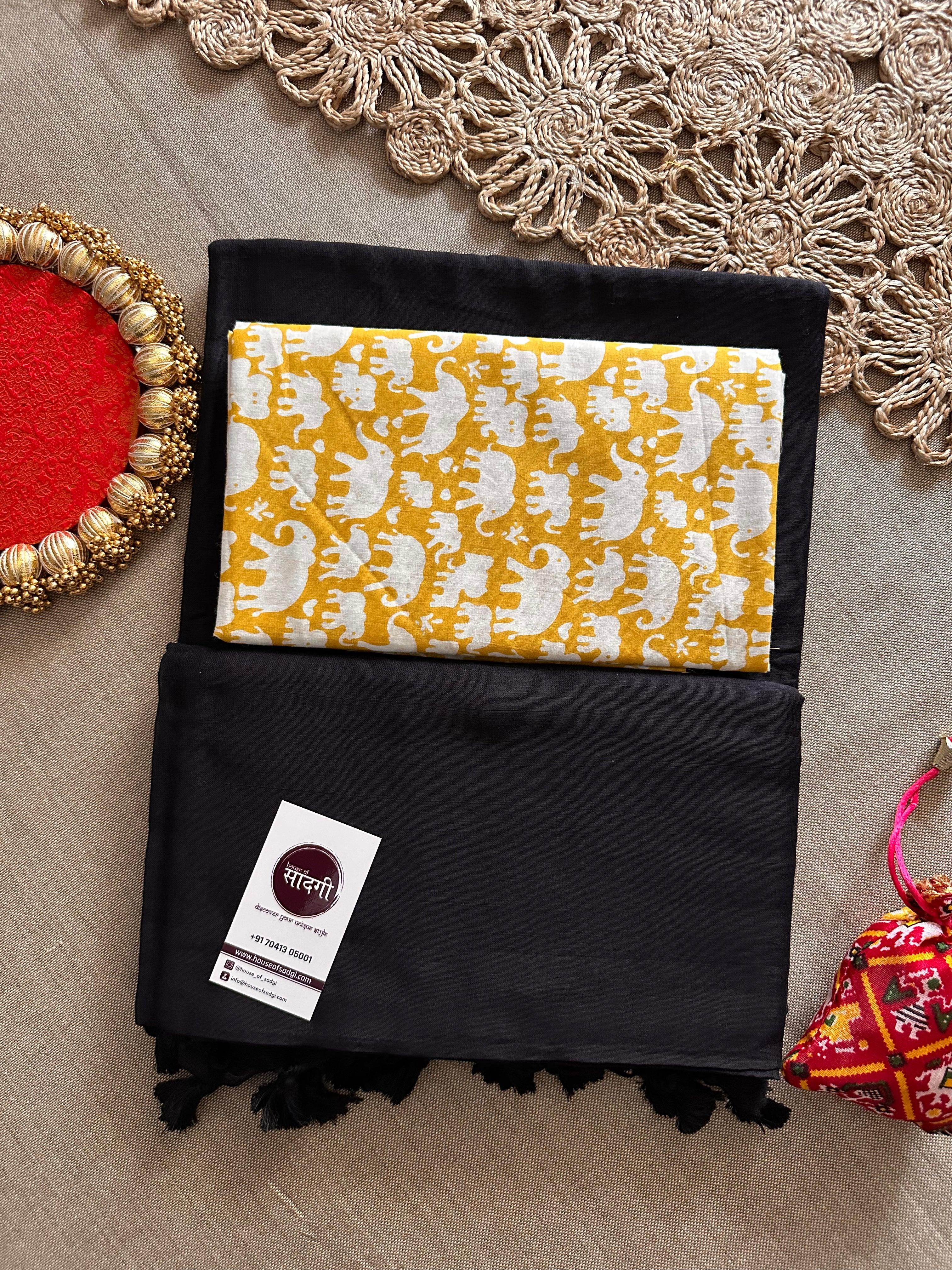 Black Handloom Khadi Cotton Saree With Yellow Printed Blouse - House Of Sadgi