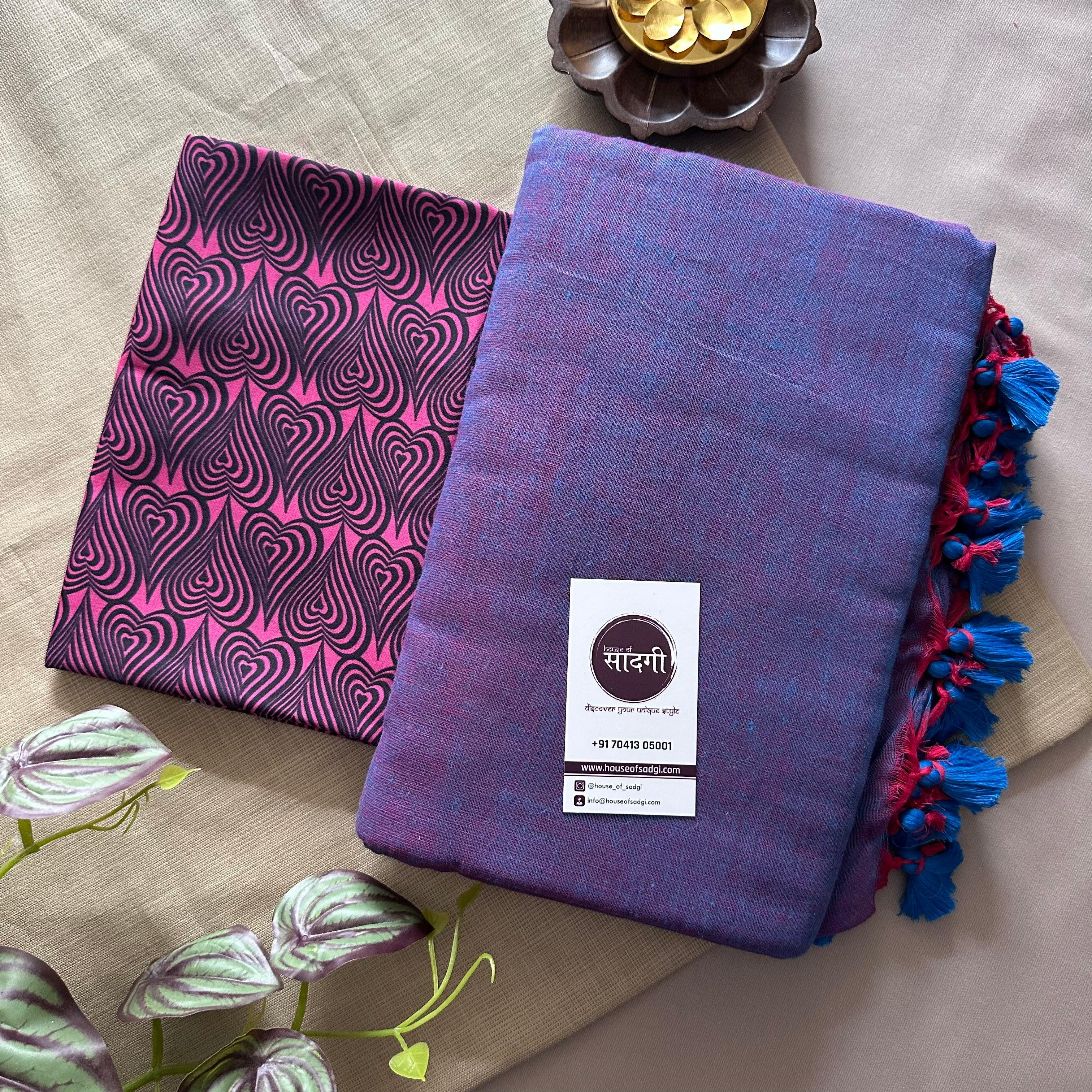 Blue Dual Tone Khadi Cotton Saree With Pink Heart Printed Blouse - House Of Sadgi