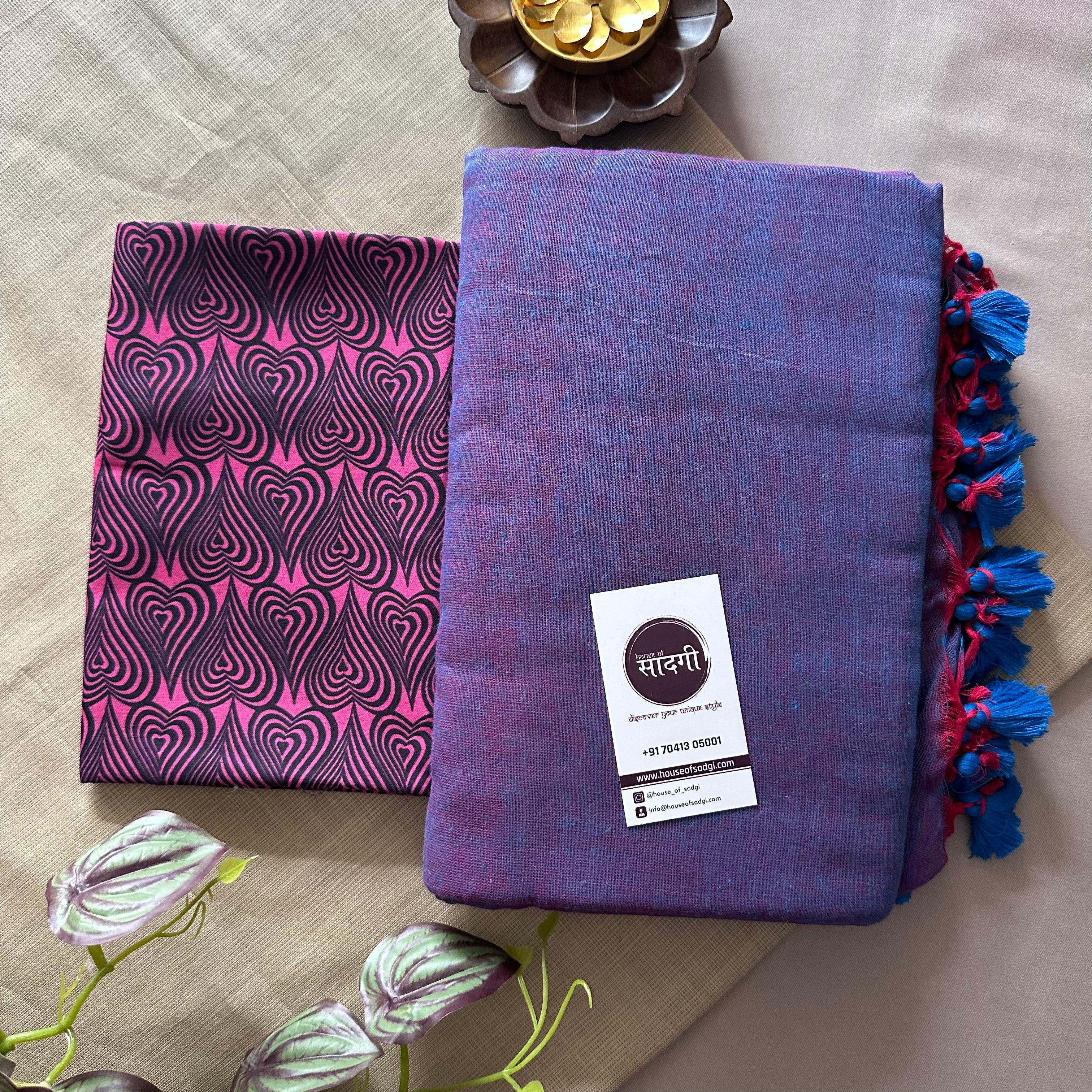 Blue Dual Tone Khadi Cotton Saree With Pink Heart Printed Blouse - House Of Sadgi