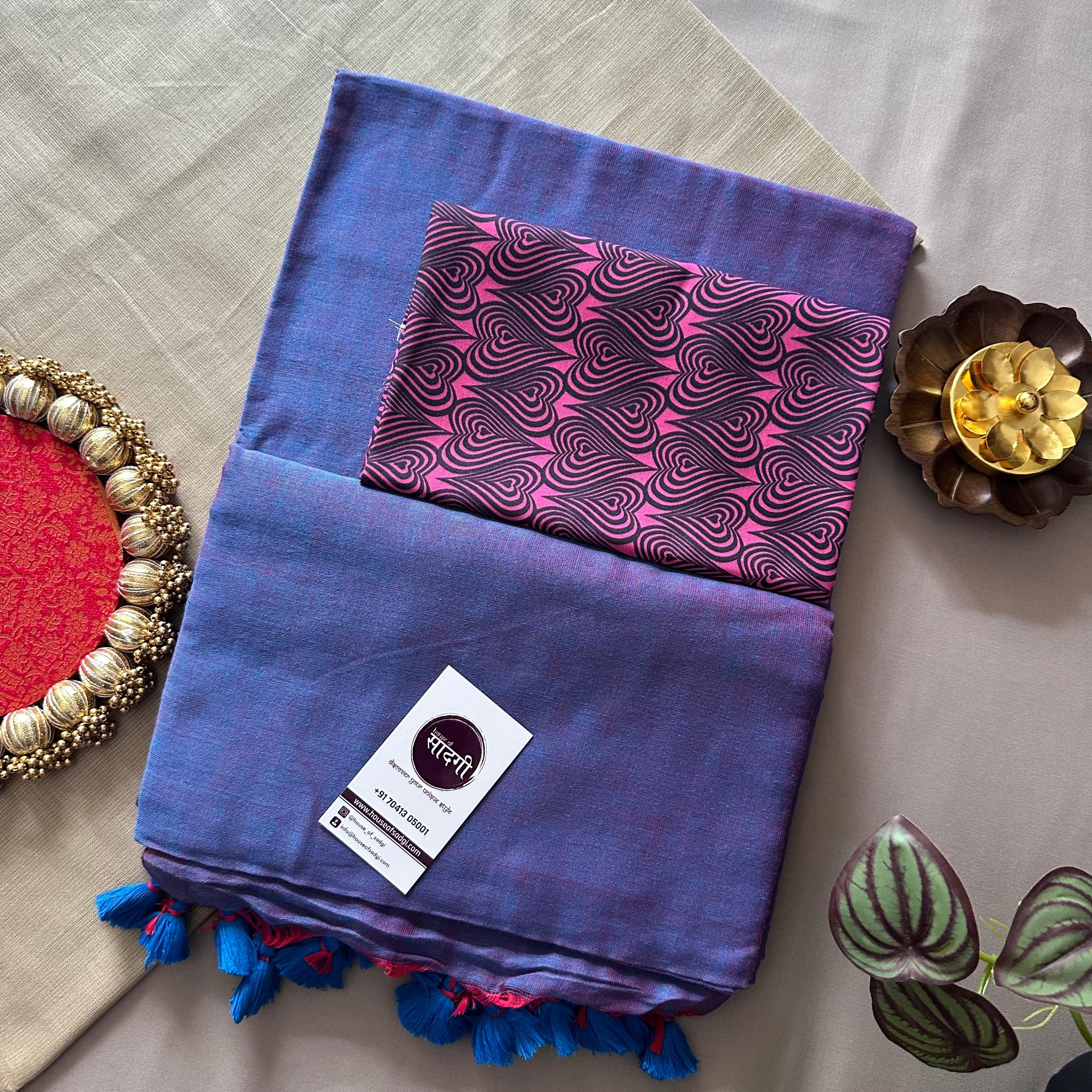 Blue Dual Tone Khadi Cotton Saree With Pink Heart Printed Blouse - House Of Sadgi