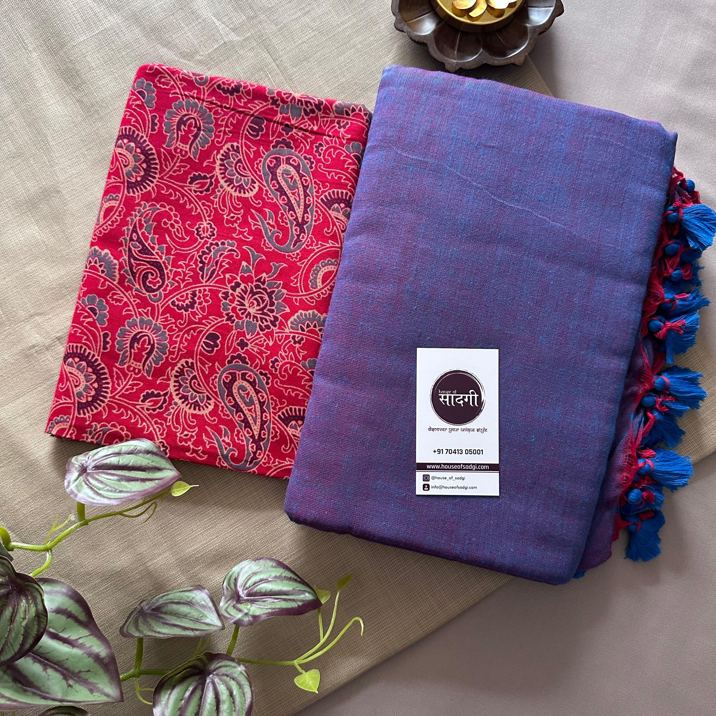 Blue Dual Tone Khadi Cotton Saree With Red Mango Printed Blouse - House Of Sadgi