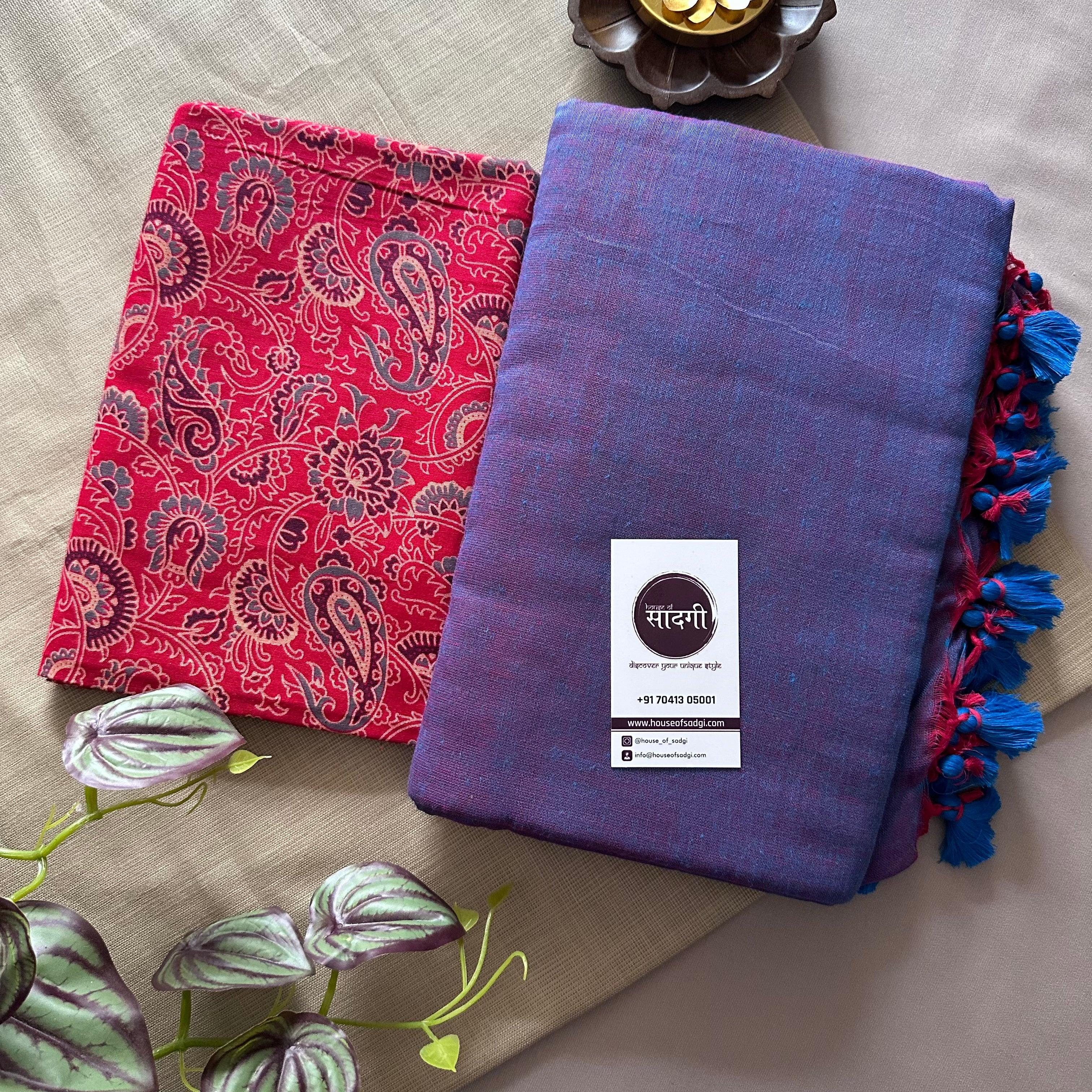 Blue Dual Tone Khadi Cotton Saree With Red Mango Printed Blouse - House Of Sadgi