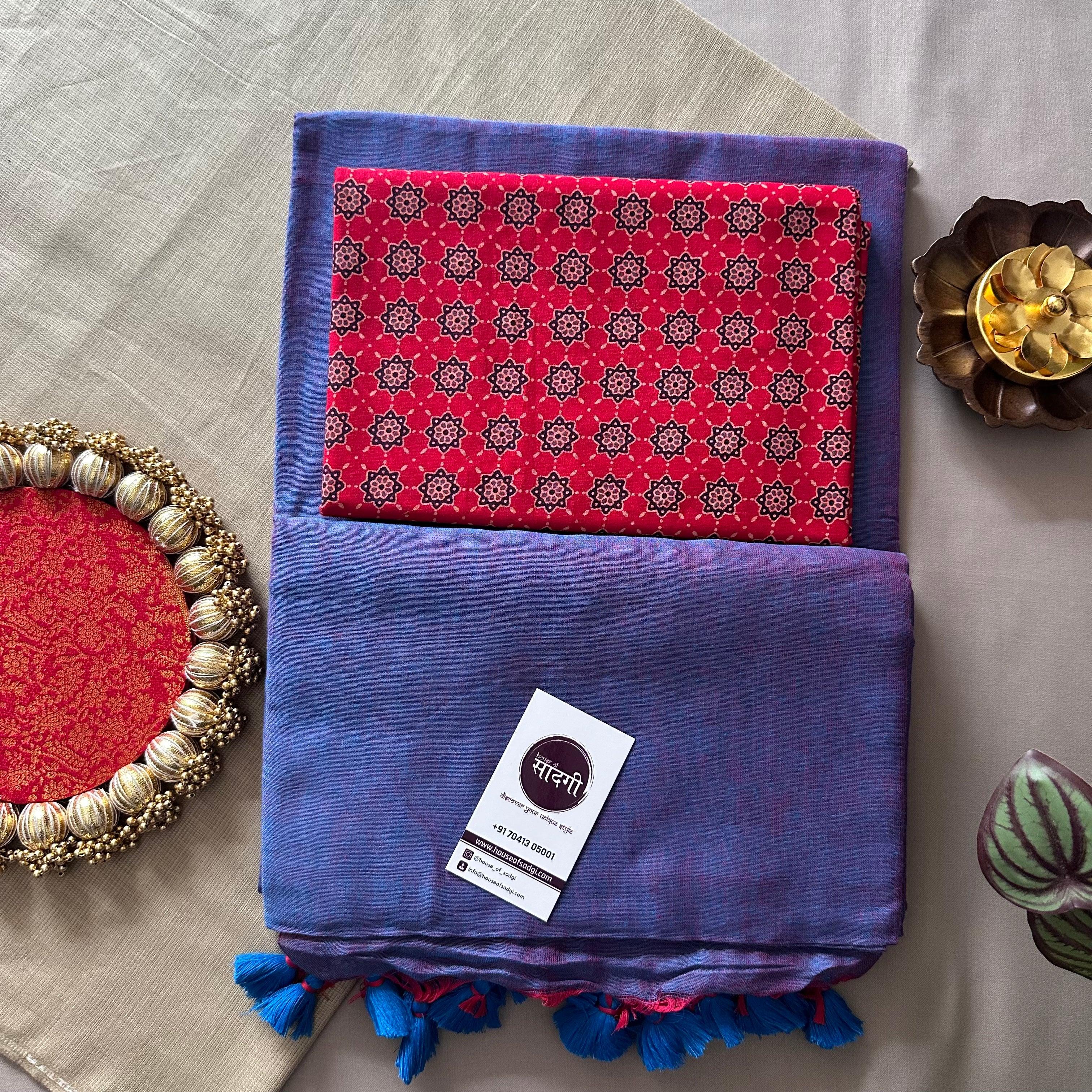 Blue Dual Tone Khadi Cotton Saree With Red Printed Blouse - House Of Sadgi