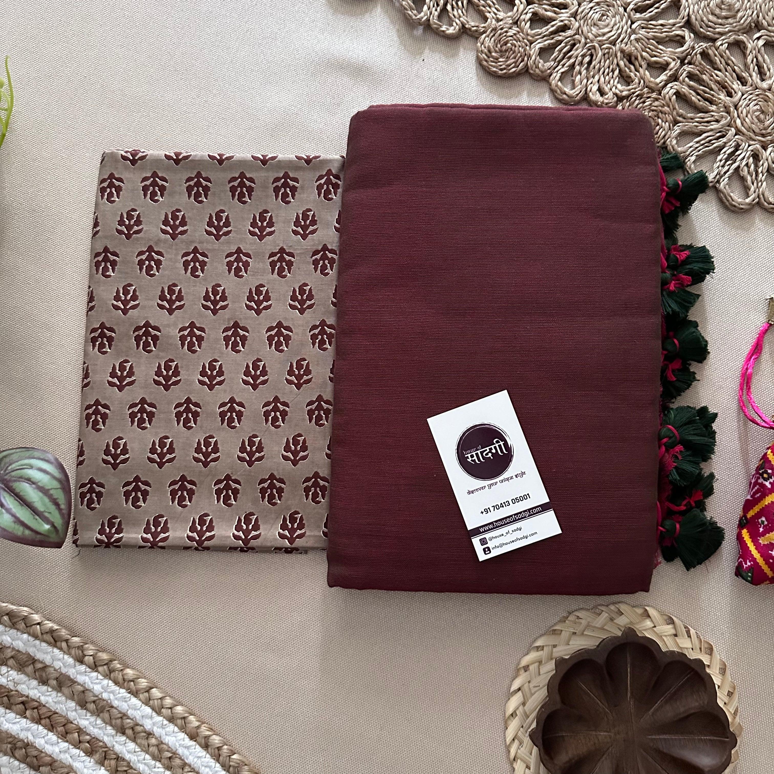 Brown Dual Tone Khadi Cotton Saree With Butti Printed Blouse - House Of Sadgi