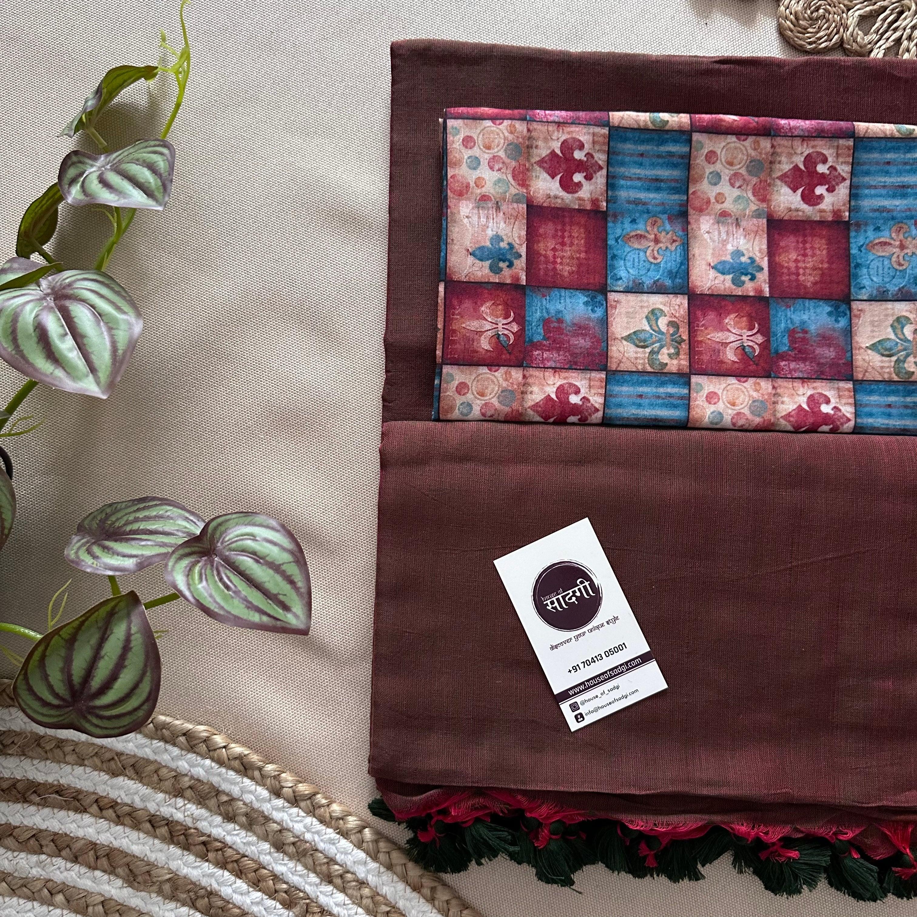 Brown Dual Tone Khadi Cotton Saree With Designer Printed Blouse - House Of Sadgi