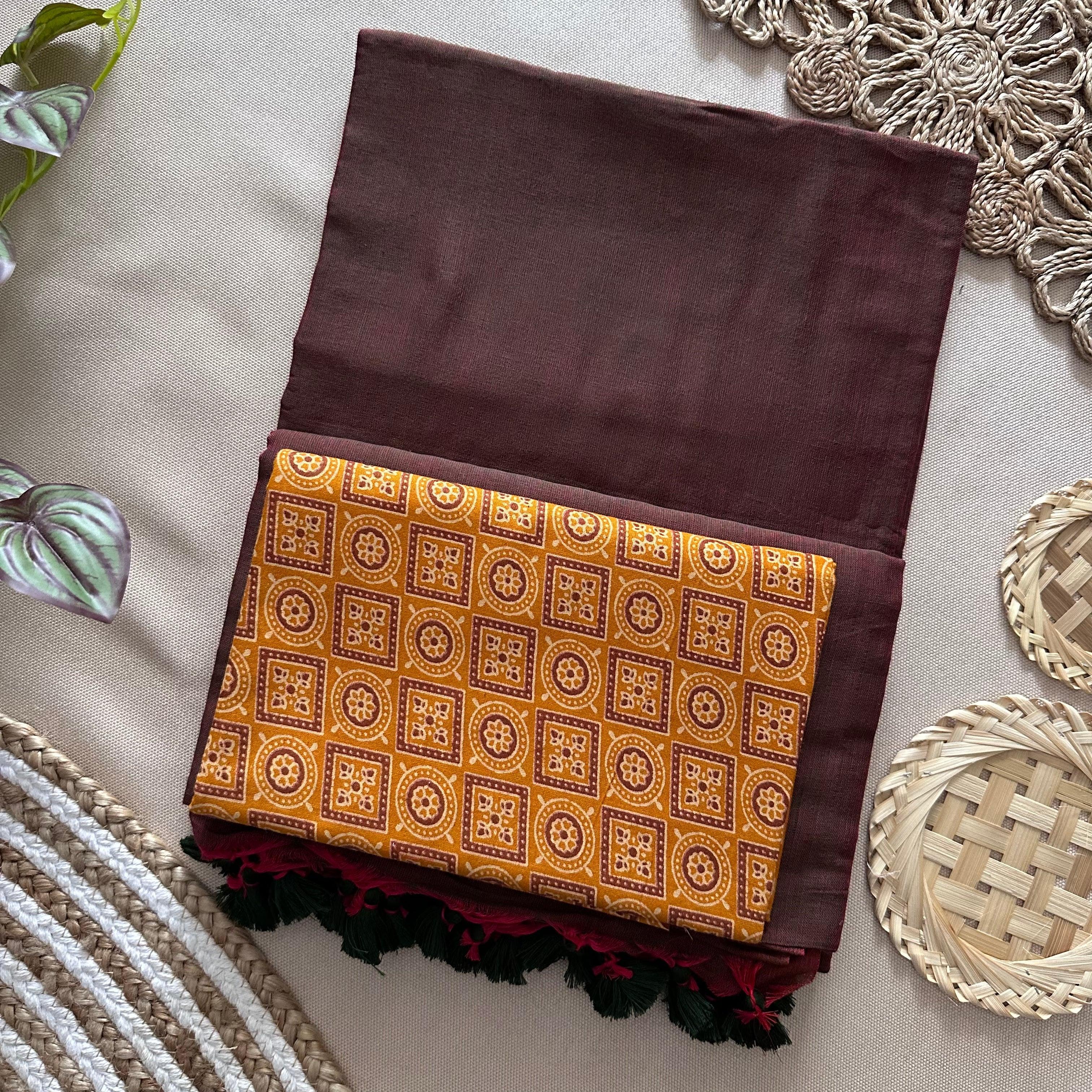 Brown Dual Tone Khadi Cotton Saree With Yellow Printed Blouse - House Of Sadgi