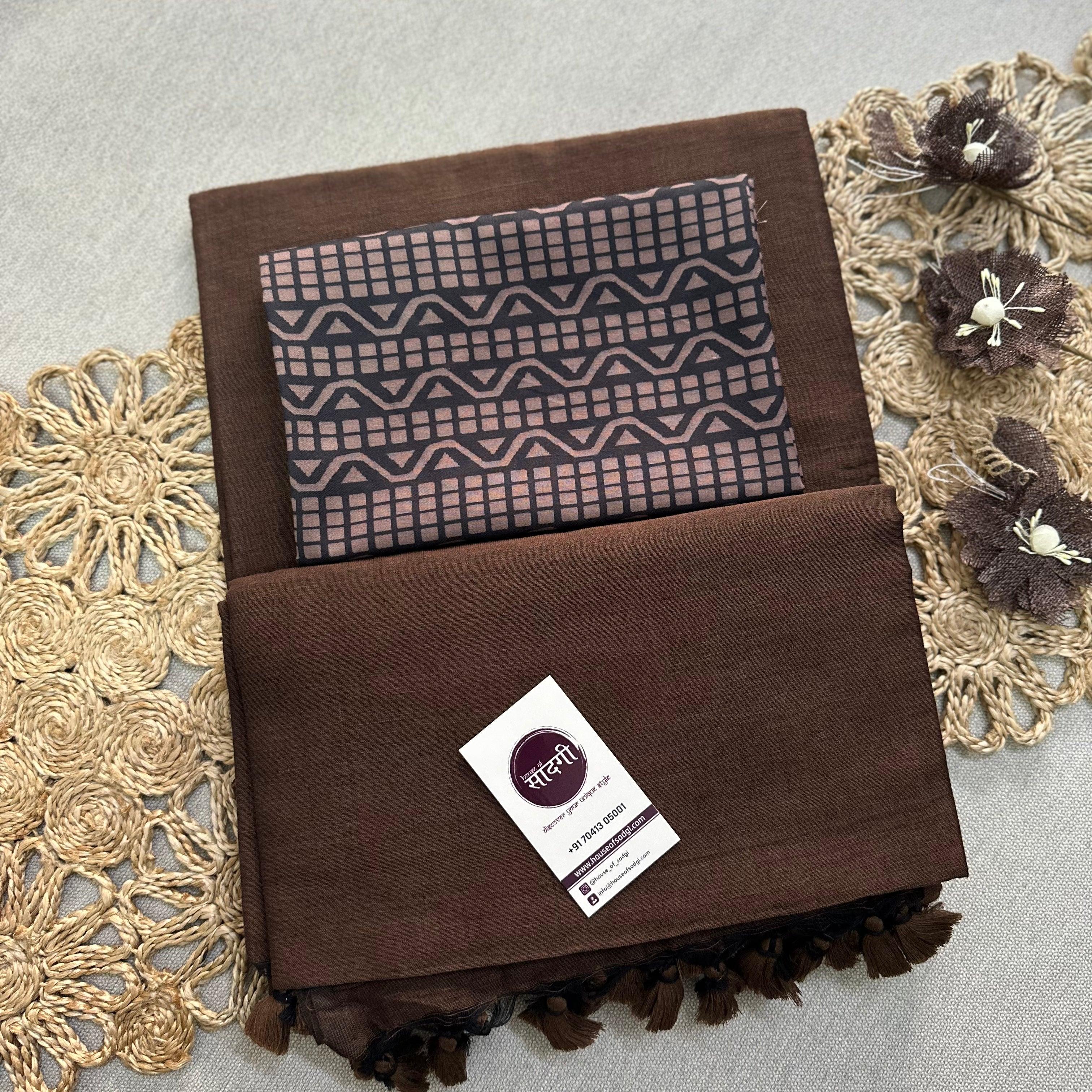 Brown Handloom Khadi Cotton Saree With Black Printed Blouse - House Of Sadgi