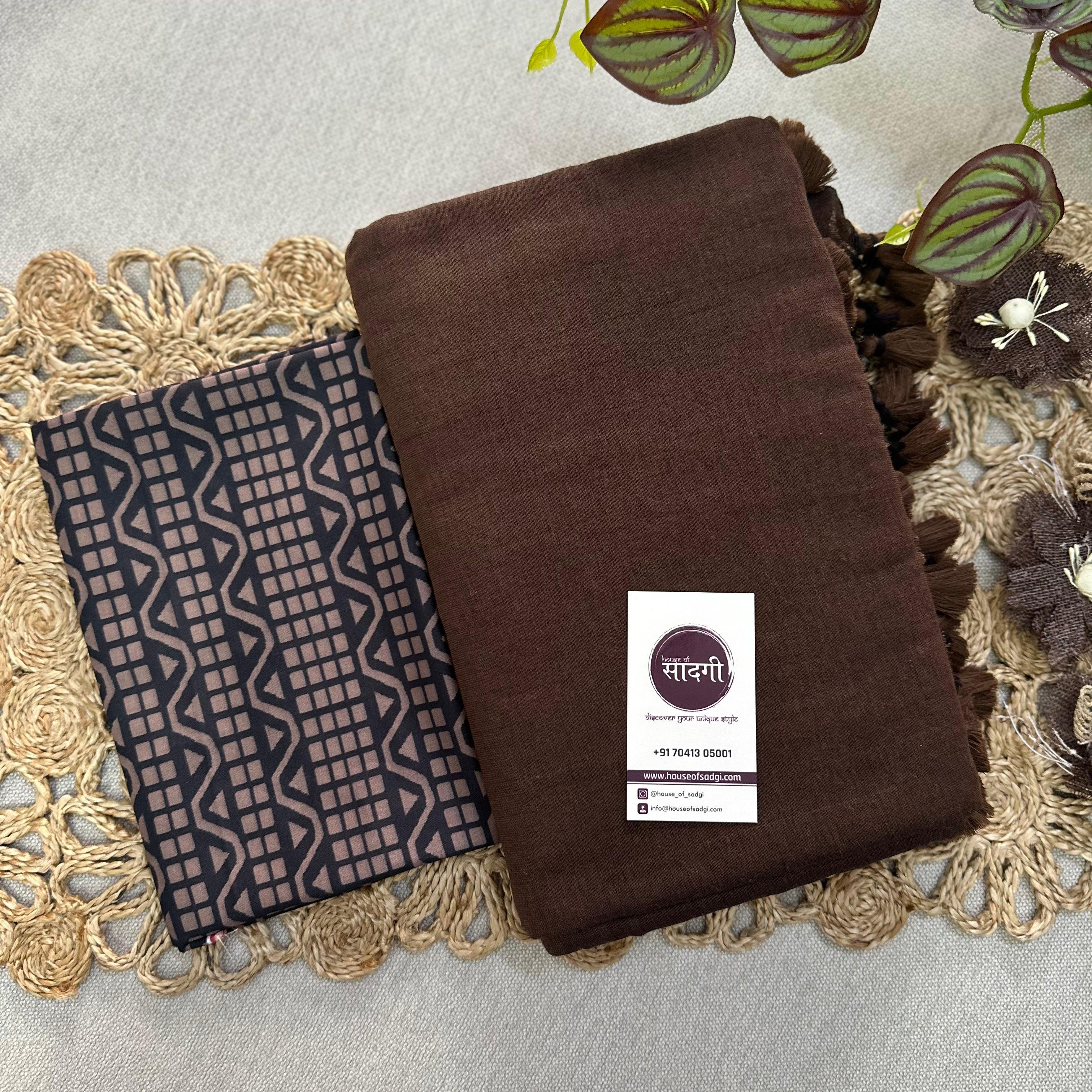 Brown Handloom Khadi Cotton Saree With Black Printed Blouse - House Of Sadgi