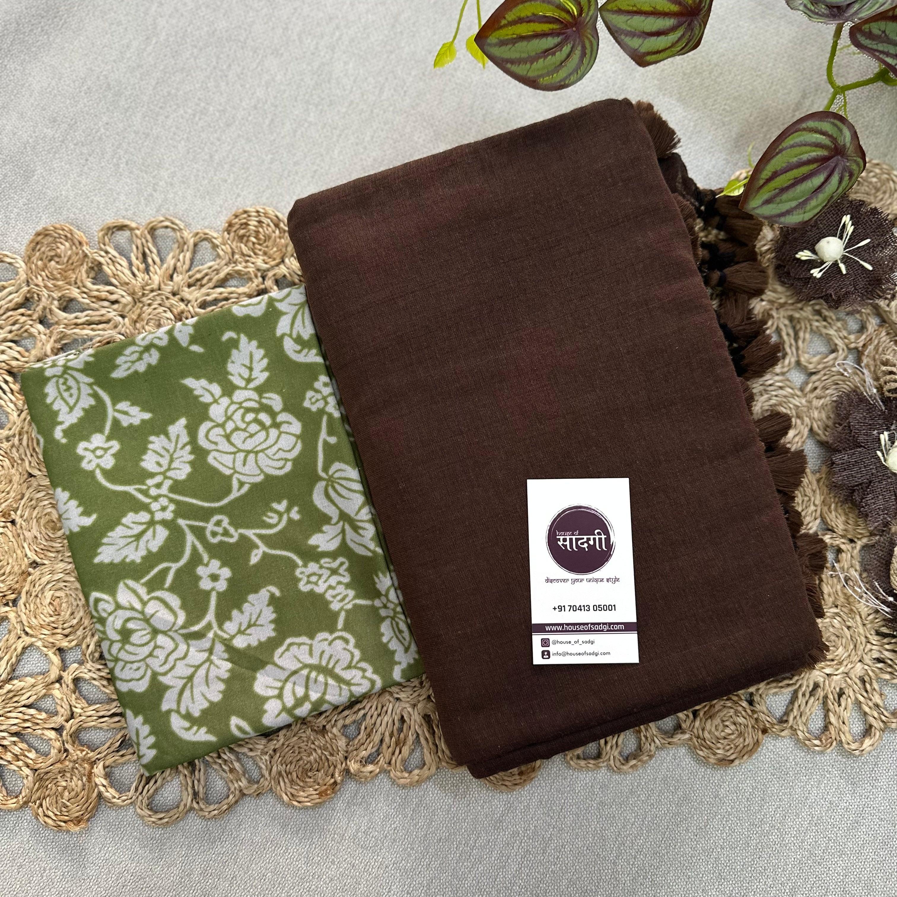 Brown Handloom Khadi Cotton Saree With Green Printed Blouse - House Of Sadgi