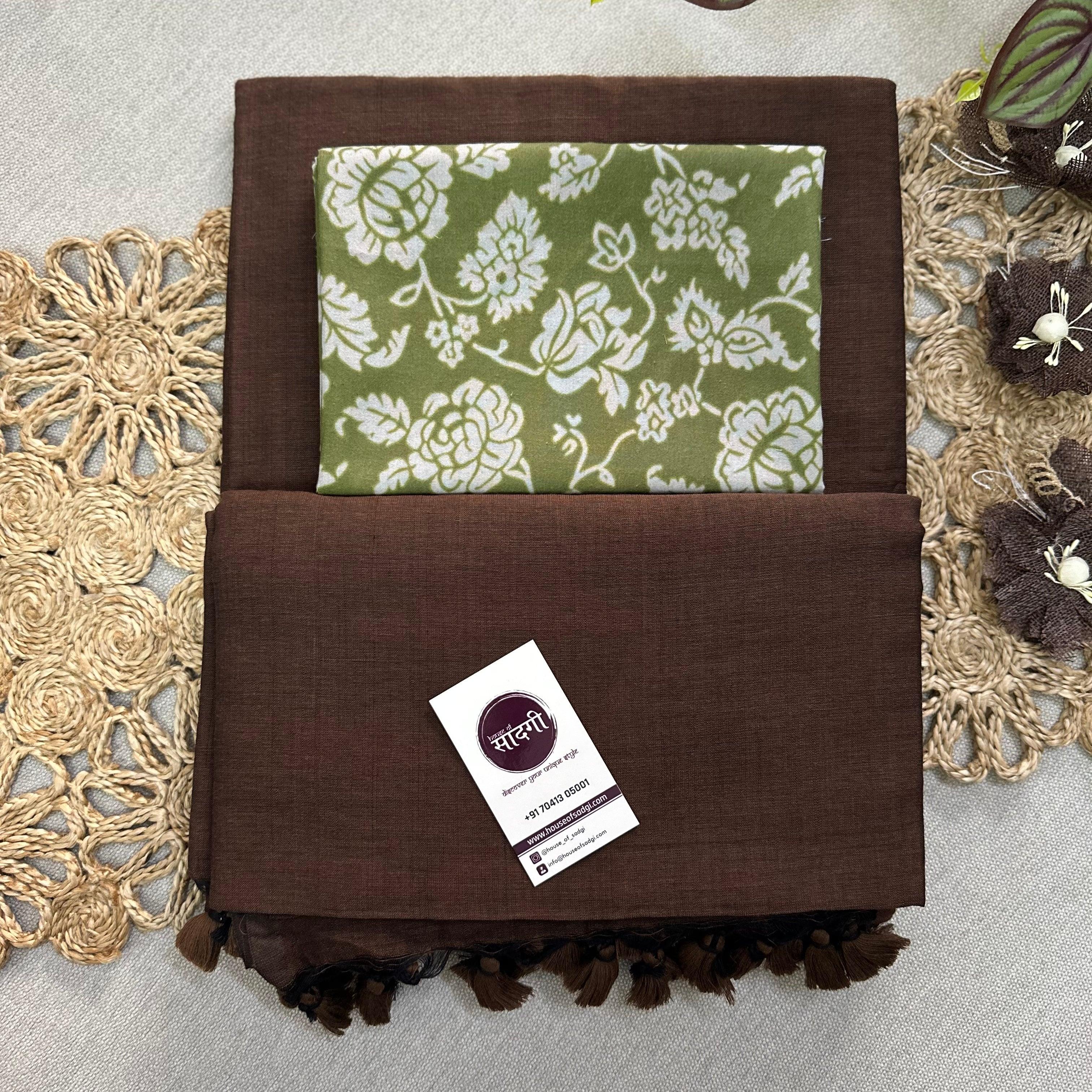 Brown Handloom Khadi Cotton Saree With Green Printed Blouse - House Of Sadgi