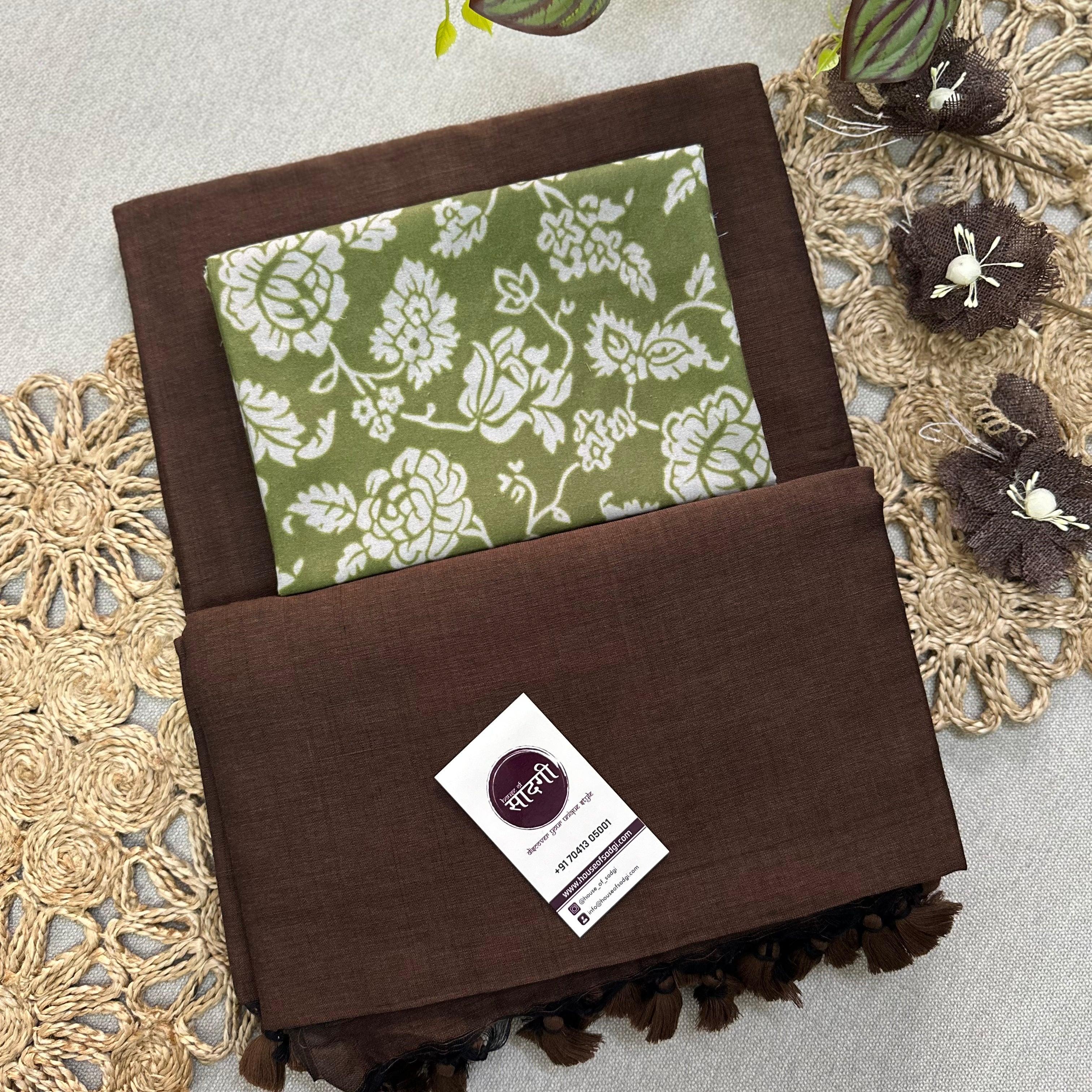 Brown Handloom Khadi Cotton Saree With Green Printed Blouse - House Of Sadgi