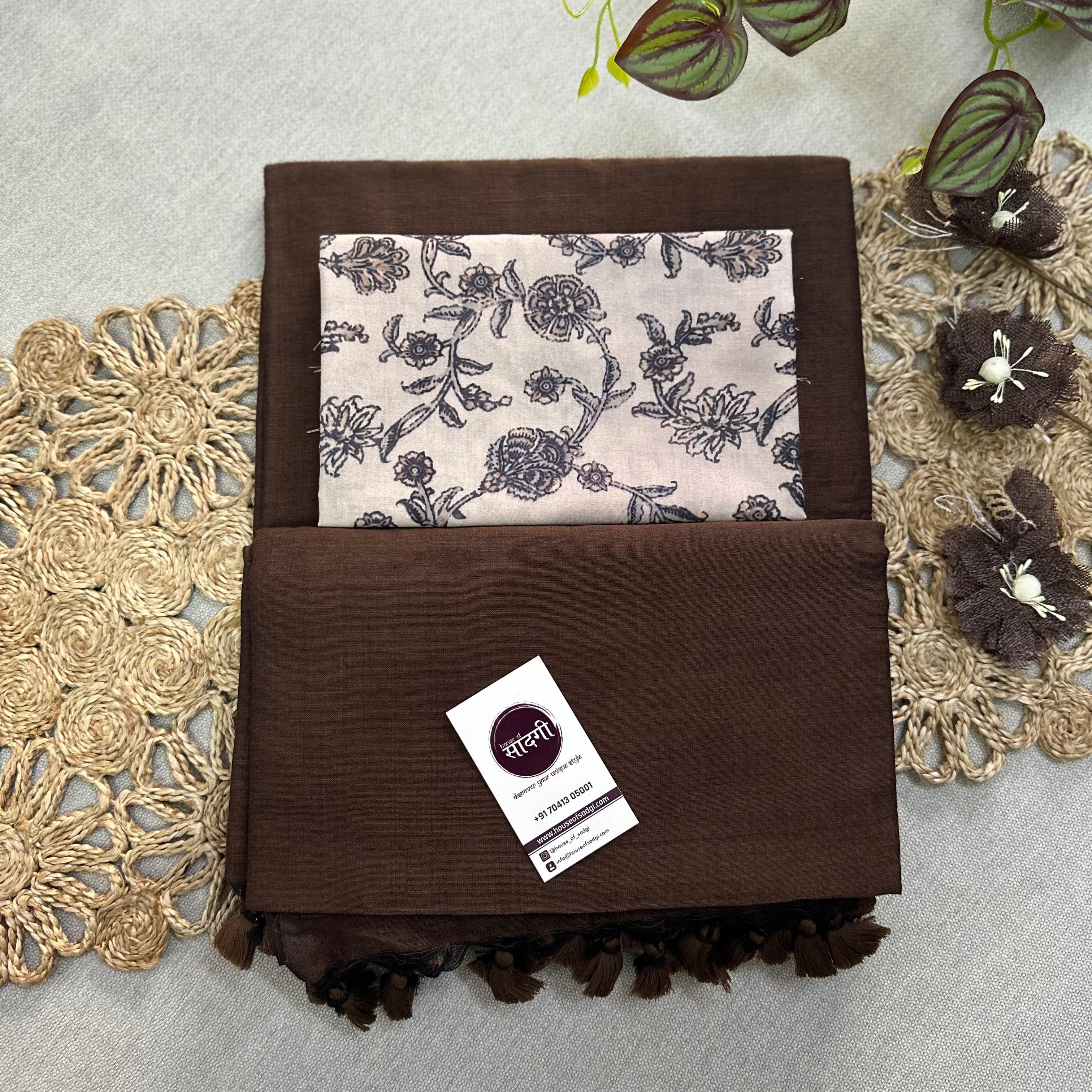 Brown Handloom Khadi Cotton Saree With Kalamkari Printed Blouse - House Of Sadgi