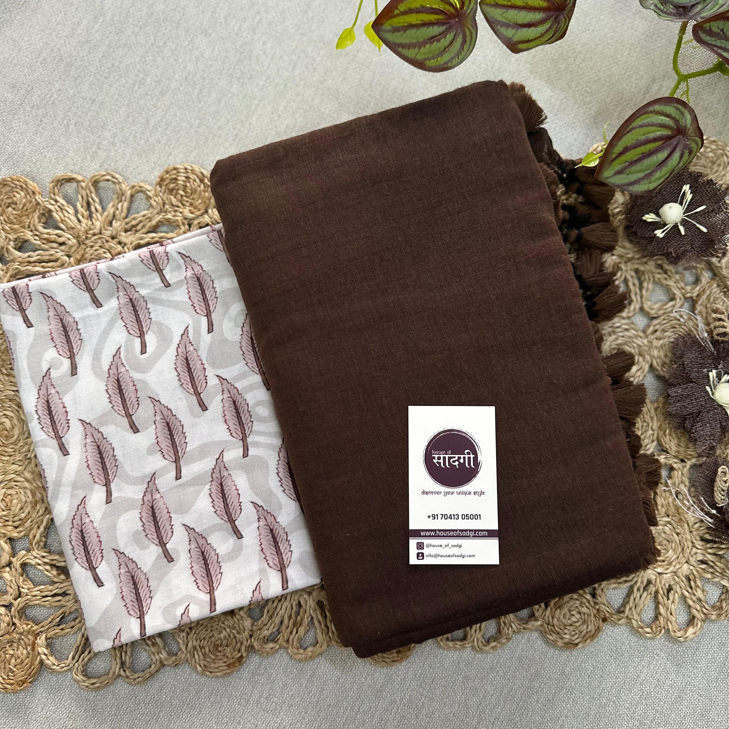 Brown Handloom Khadi Cotton Saree With Leaf Printed Blouse - House Of Sadgi