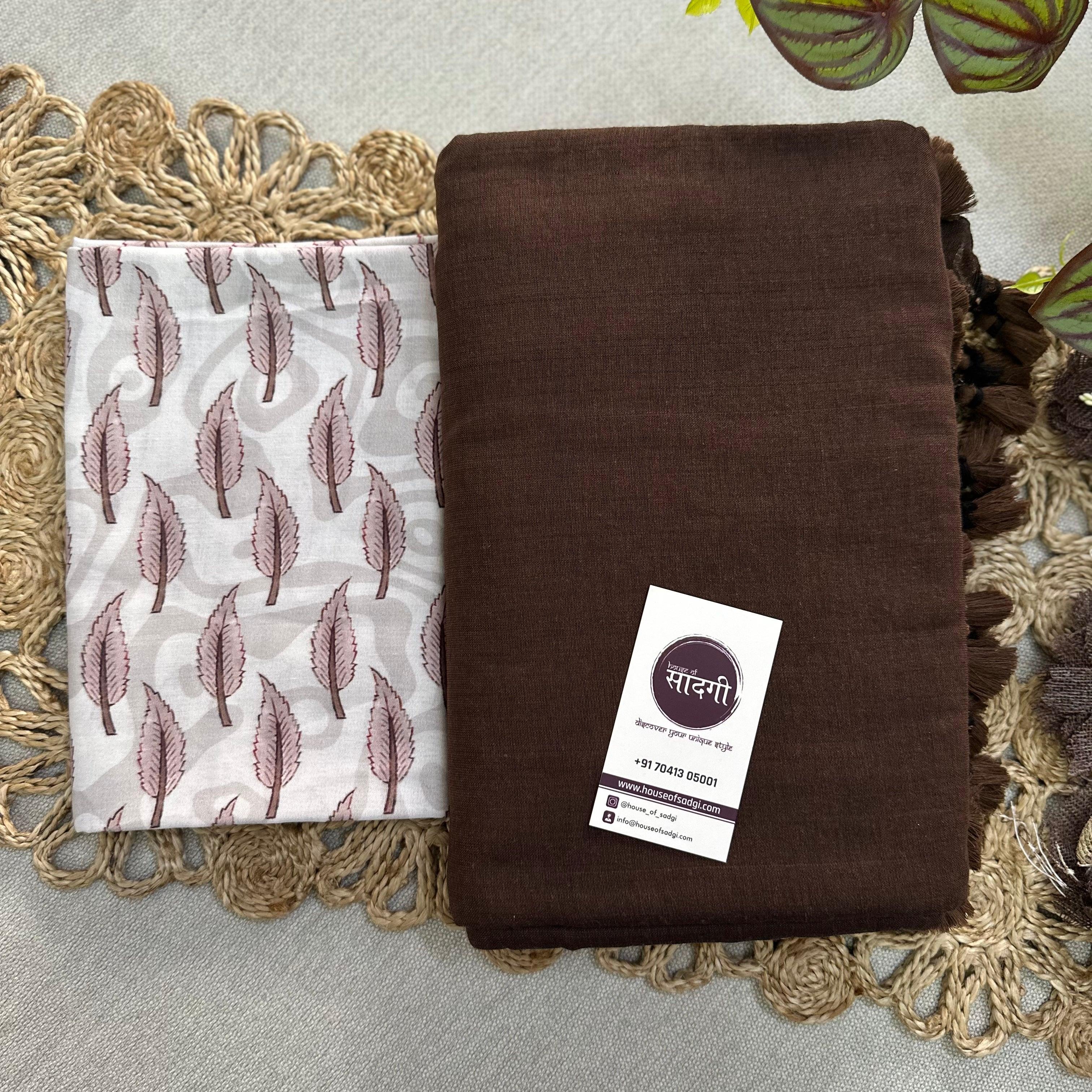 Brown Handloom Khadi Cotton Saree With Leaf Printed Blouse - House Of Sadgi