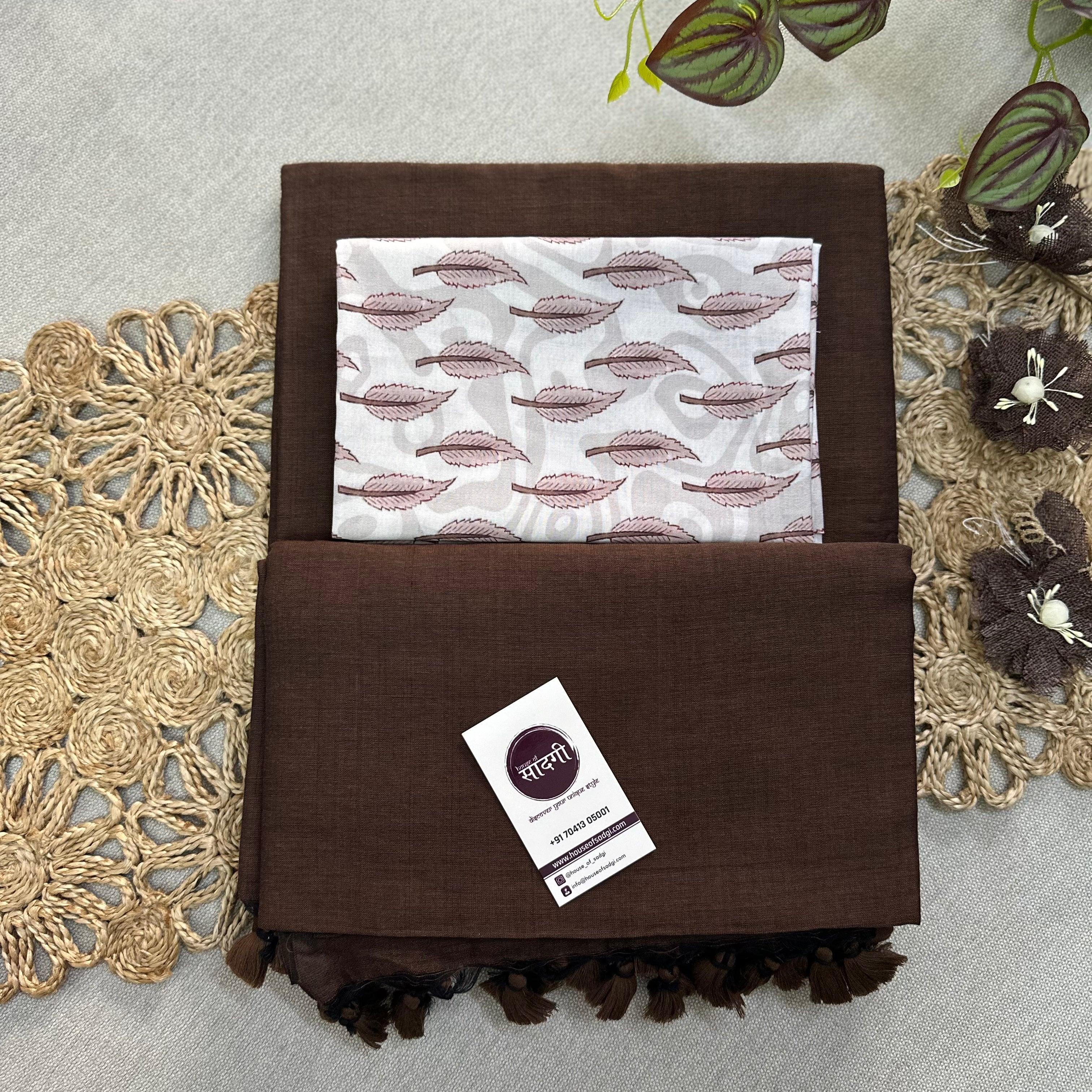 Brown Handloom Khadi Cotton Saree With Leaf Printed Blouse - House Of Sadgi