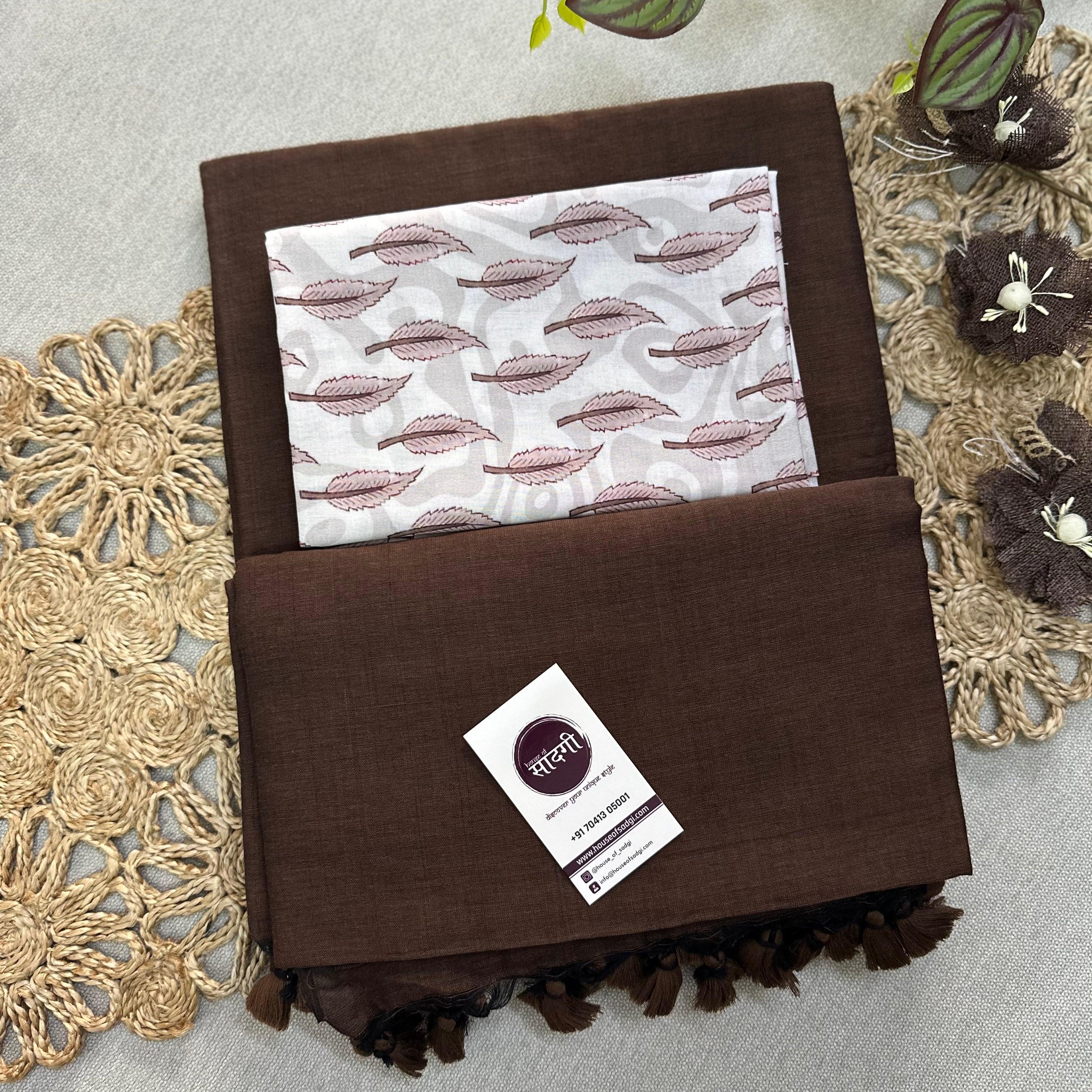 Brown Handloom Khadi Cotton Saree With Leaf Printed Blouse - House Of Sadgi